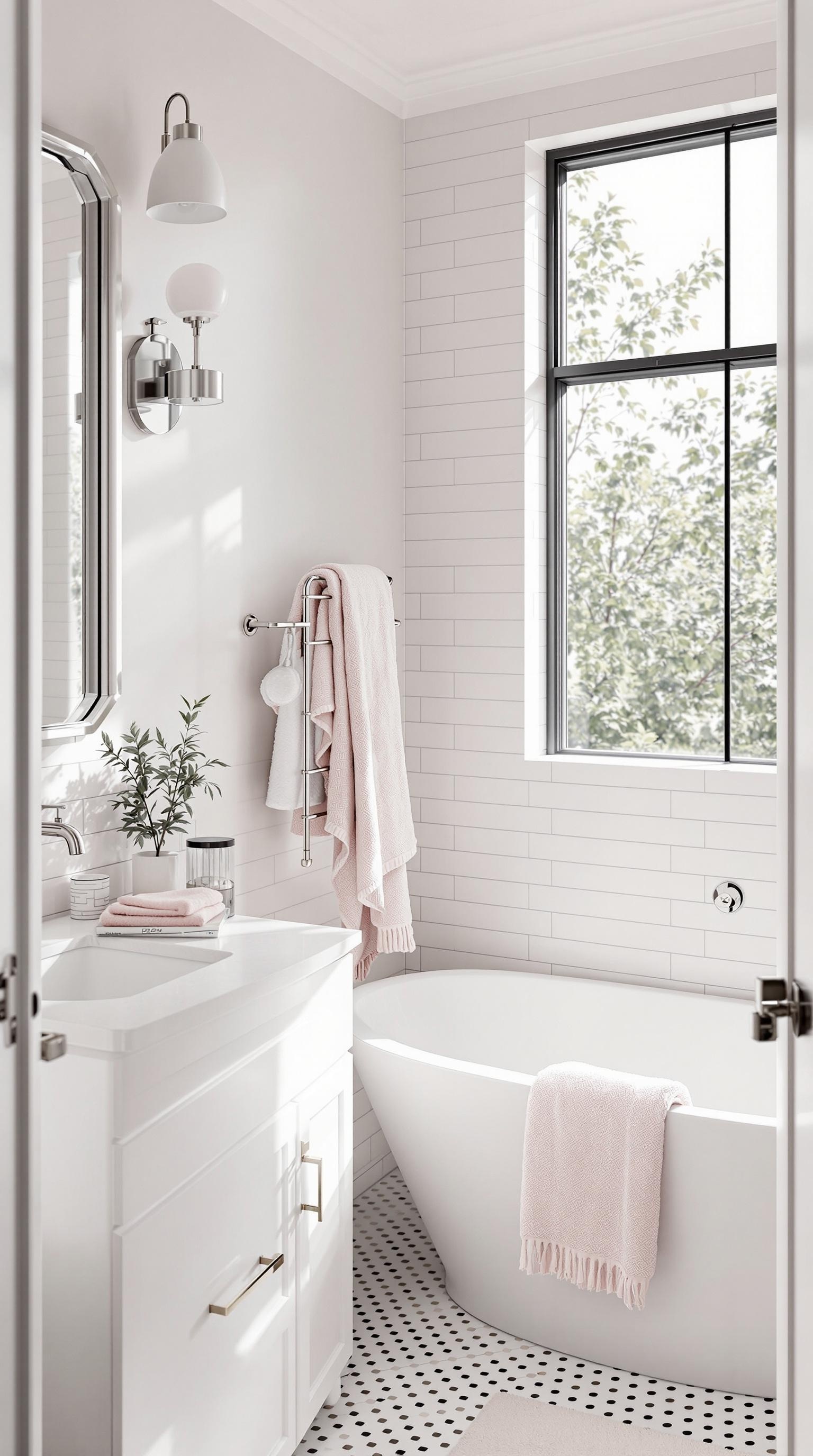 A clean, white luxe bathroom featuring subtle blush accents, a large window, and modern fixtures.