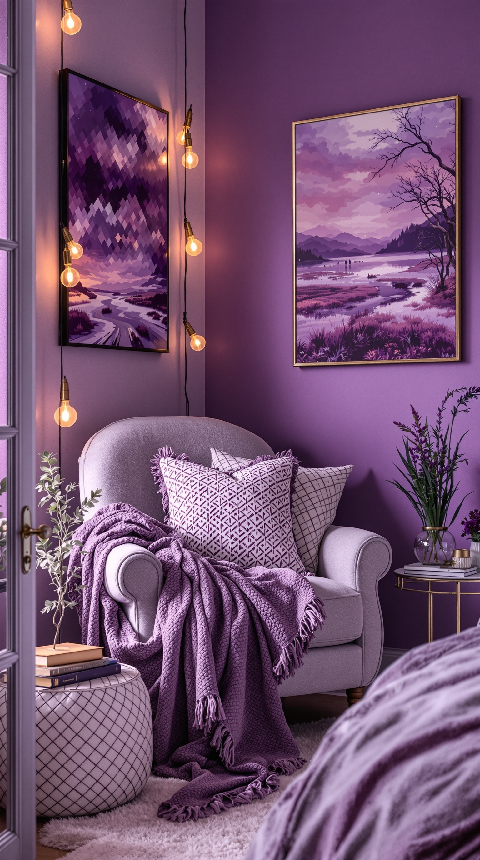 Cozy purple bedroom nook with an armchair, throw blanket, and warm lighting