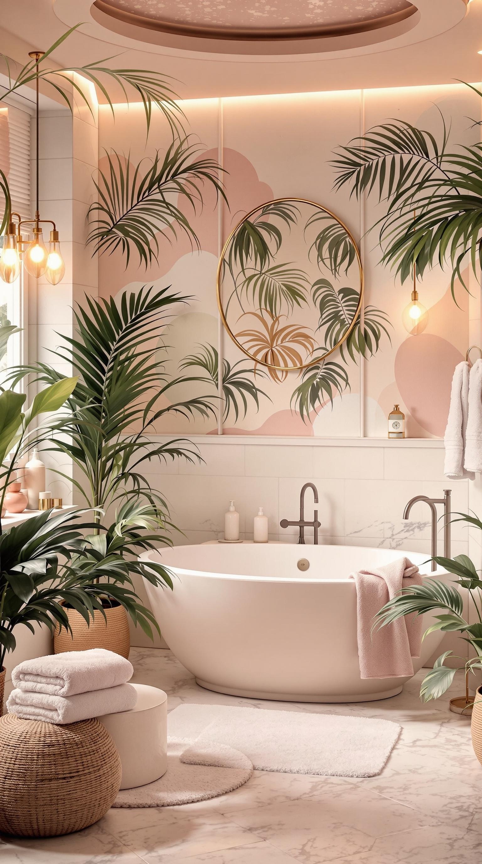 A resort-inspired teen girl bathroom featuring a freestanding tub, lush plants, and soft pink decor.