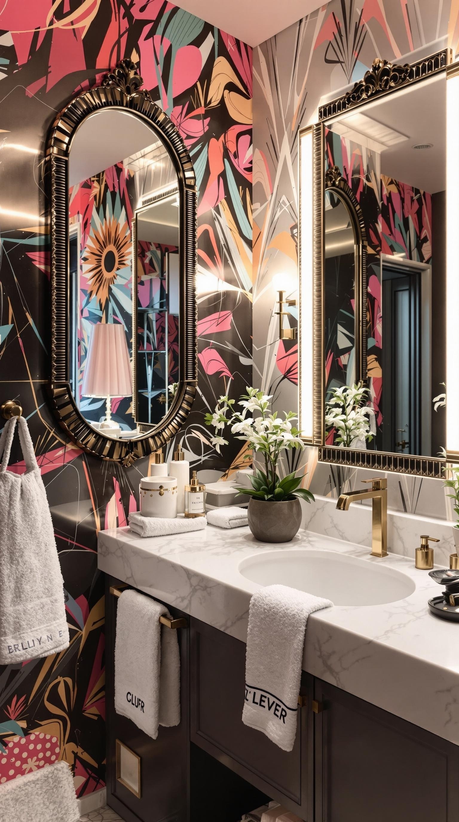 A stylish teen bathroom featuring vibrant floral wallpaper, a large ornate mirror, and chic accessories.
