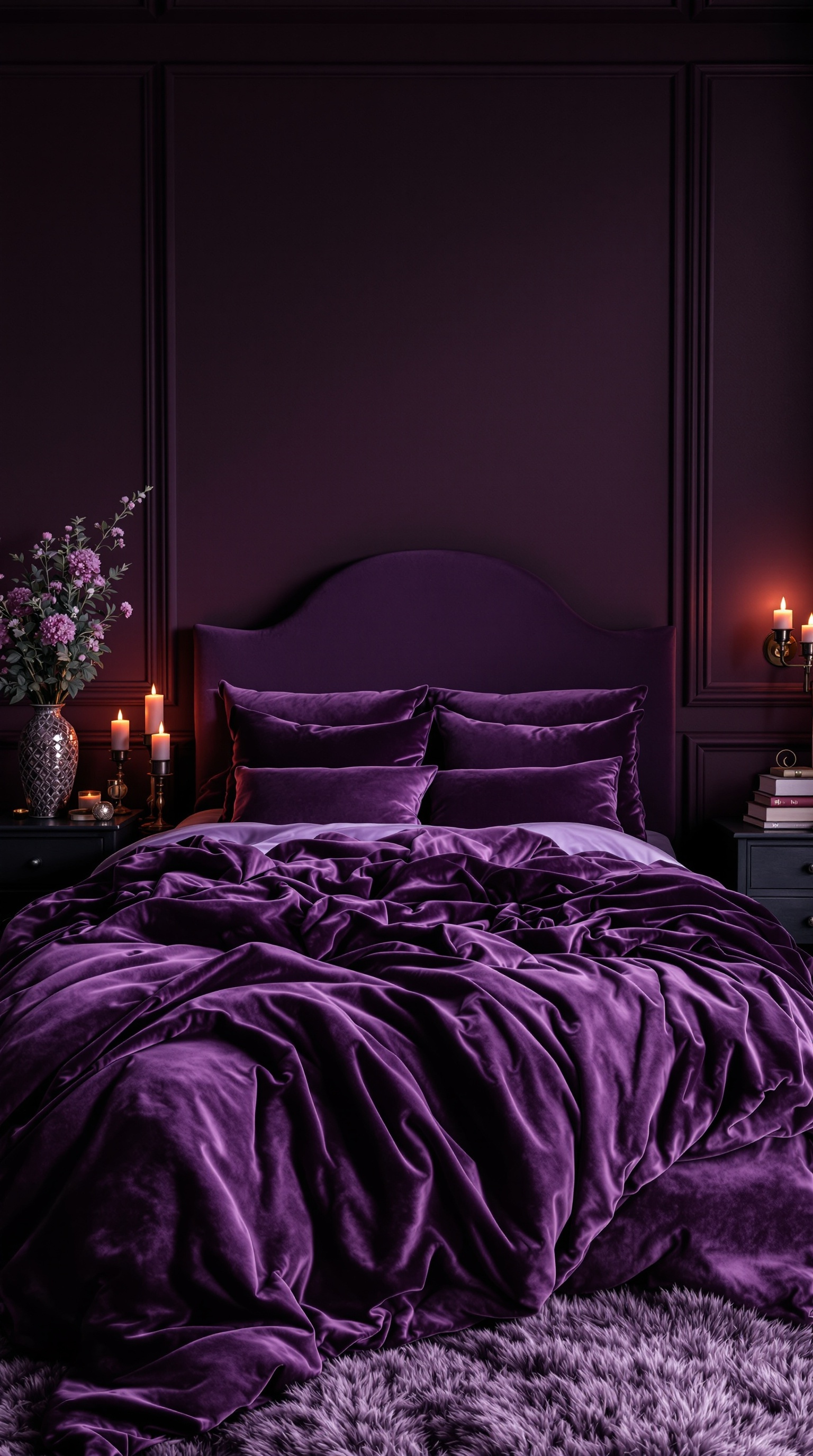A dark romantic bedroom featuring deep purple velvet bedding, a matching wall, candles, and floral decor.