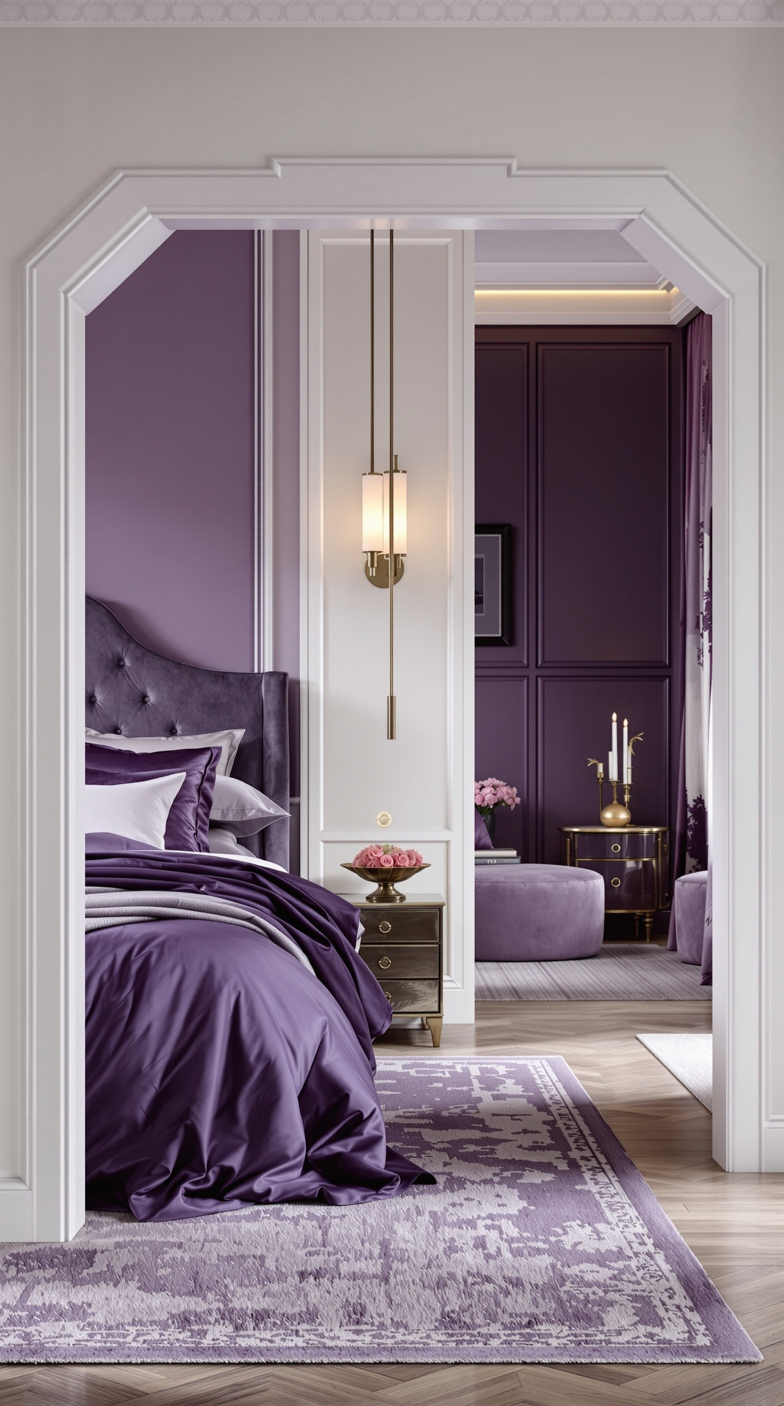 A luxurious deep purple bedroom featuring plush bedding, elegant decor, and soft lighting.
