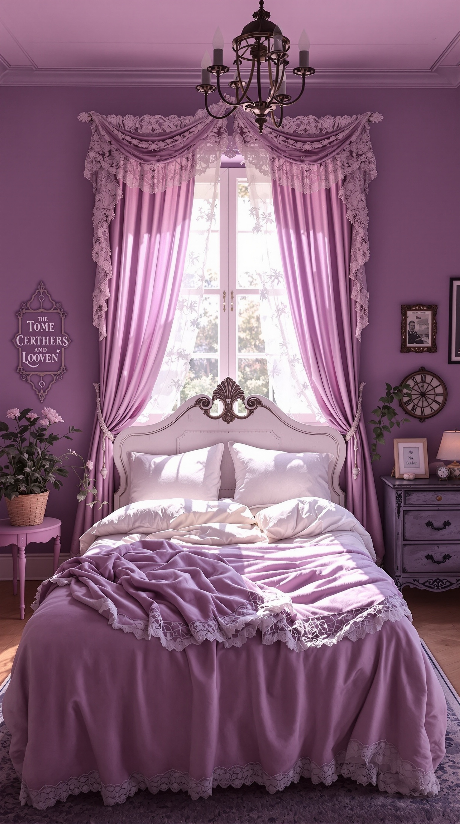 A vintage-inspired bedroom with dusty purple walls, elegant curtains, and a cozy bed.