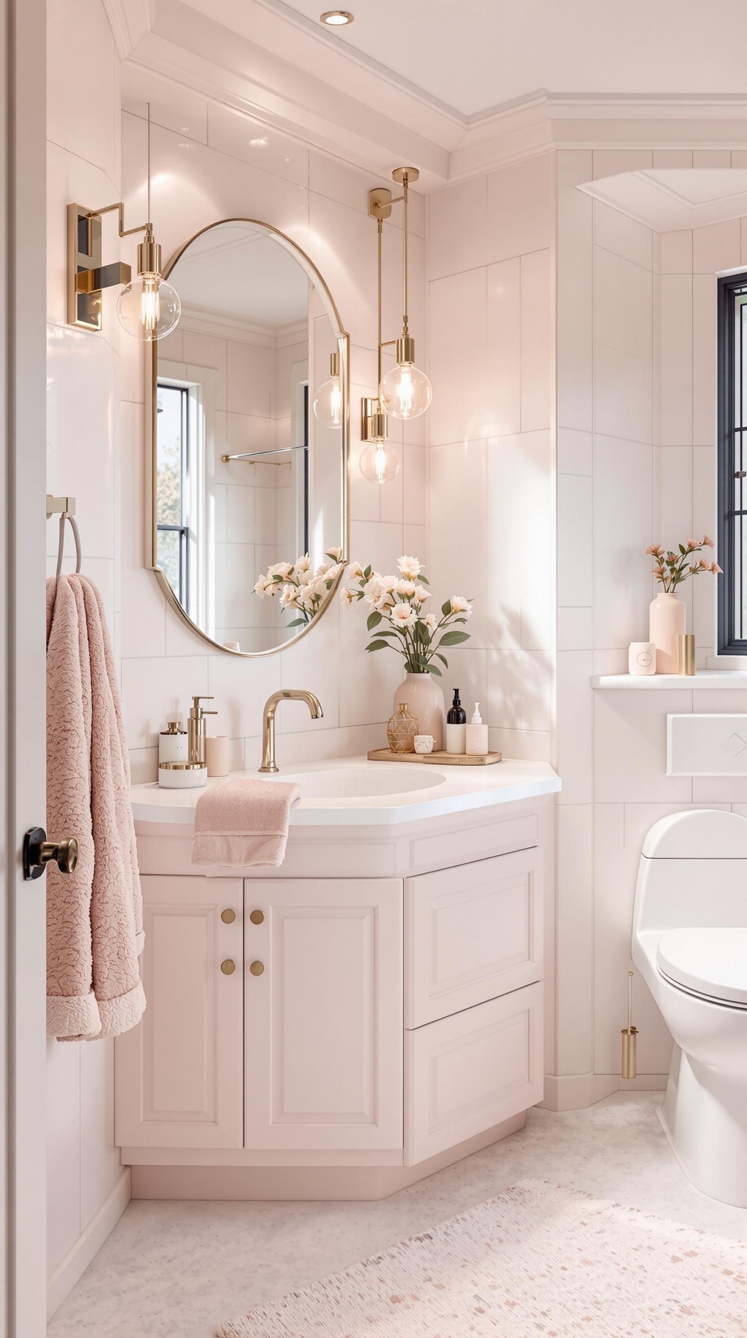 A stylish teen girl bathroom featuring soft pink tones, gold fixtures, and floral decor.