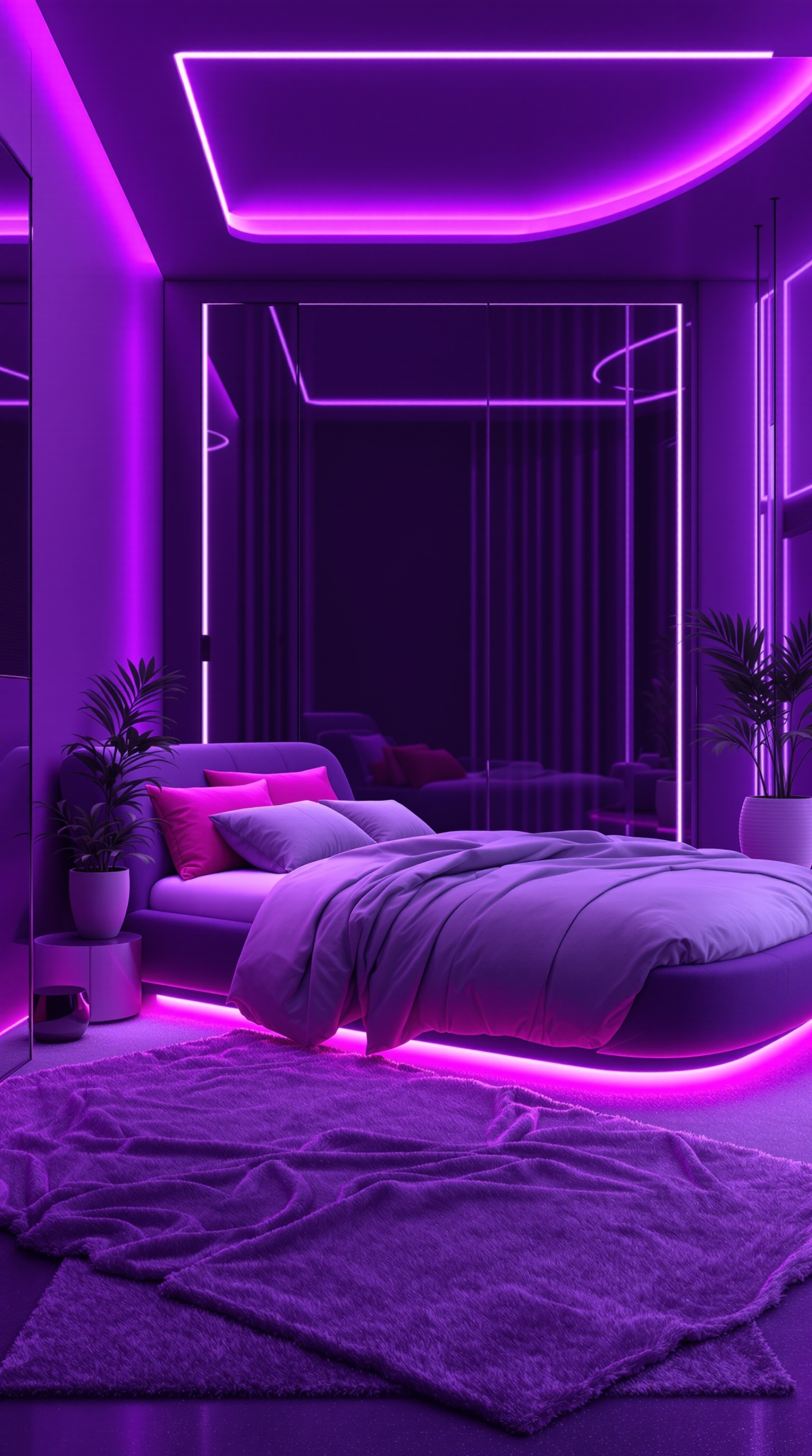 A futuristic purple bedroom featuring LED lighting, a plush bed, and stylish decor.