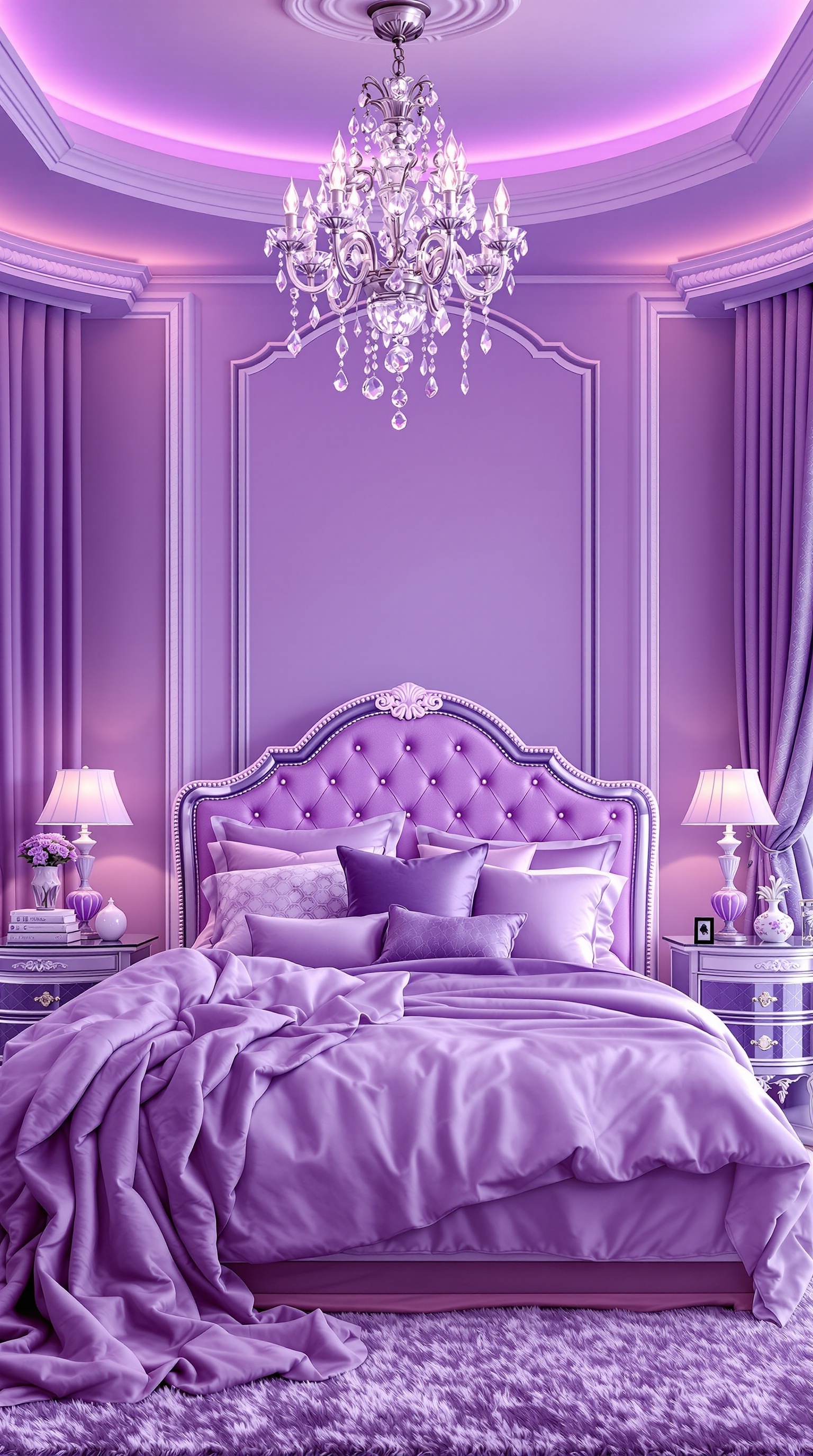 A glamorous purple bedroom featuring a tufted headboard, crystal chandelier, and elegant decor.