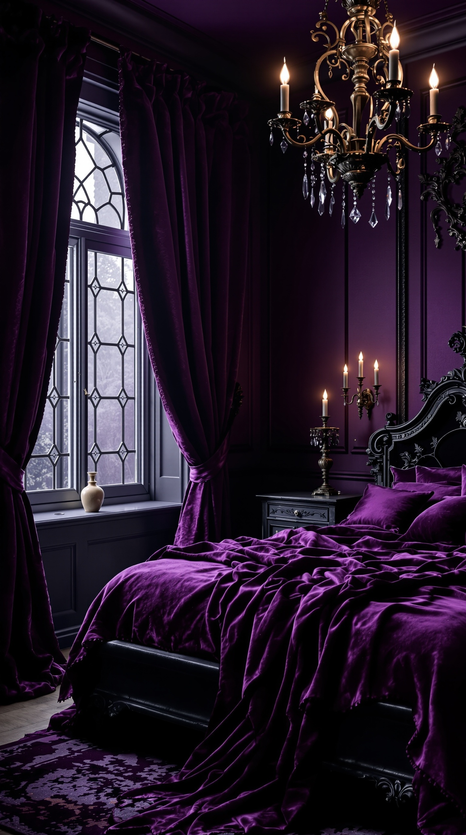 Gothic purple bedroom with velvet bedding, ornate chandelier, and dark curtains