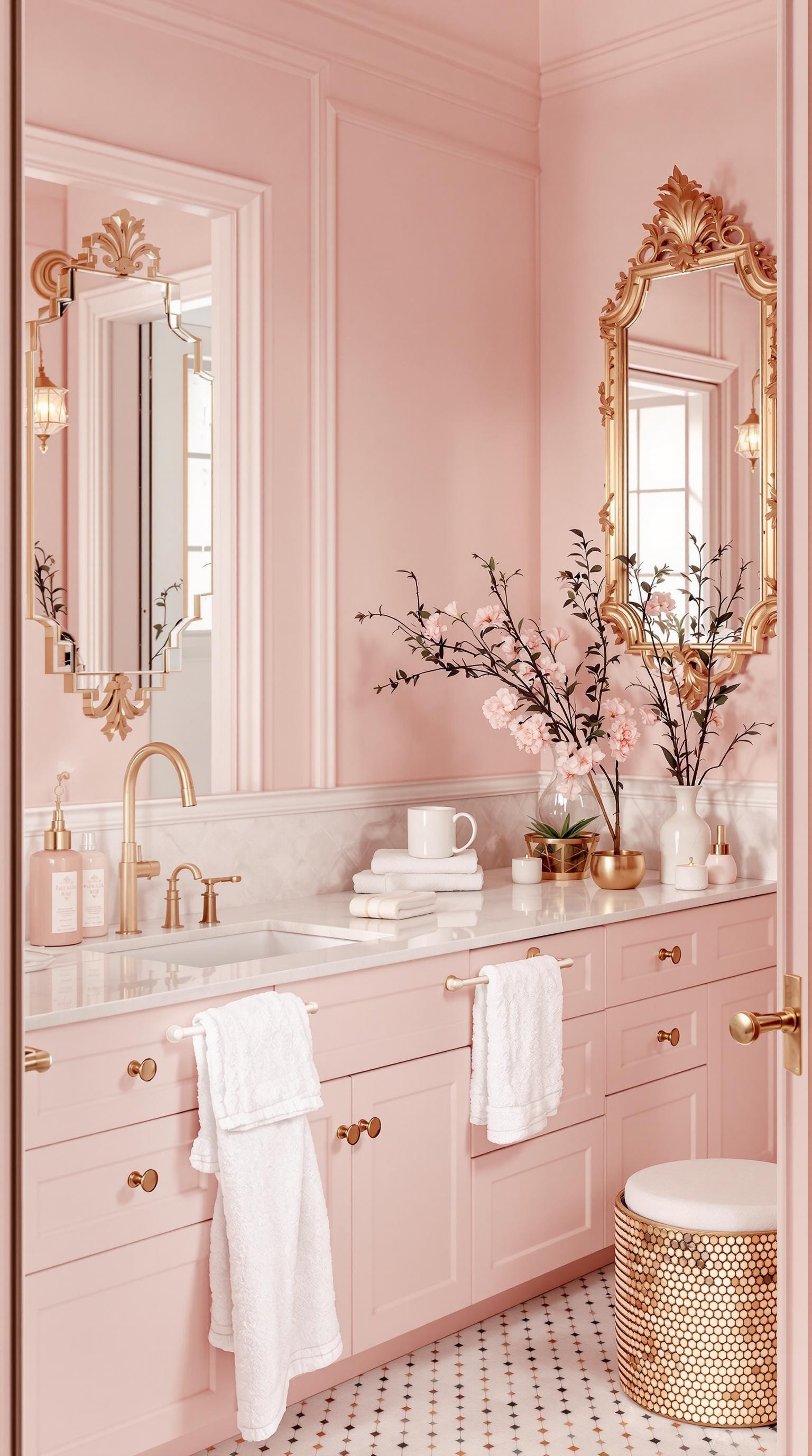 A luxurious blush and gold bathroom featuring pink walls, gold fixtures, and elegant decor.