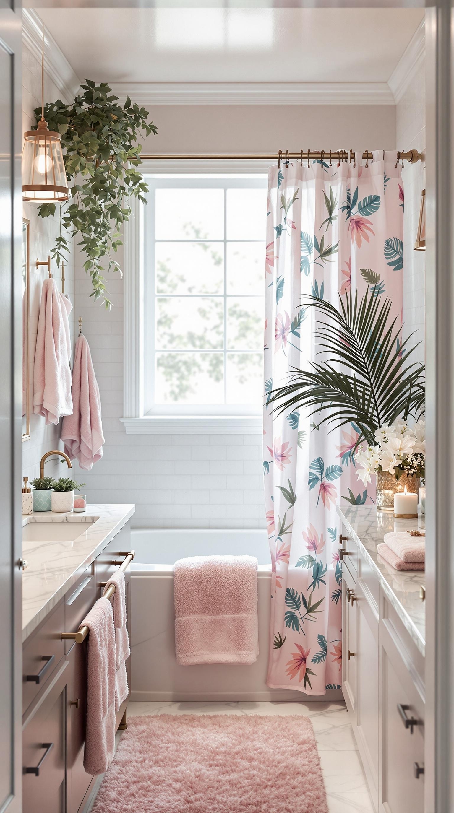A stylish teen girl bathroom featuring a floral shower curtain, pink fluffy rug, and greenery.