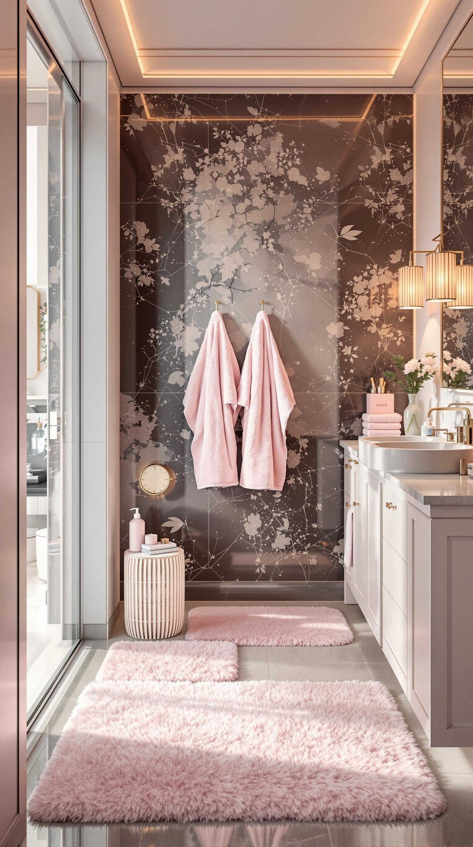 A luxurious teen girl bathroom featuring soft pink towels, plush rugs, and elegant floral wallpaper.