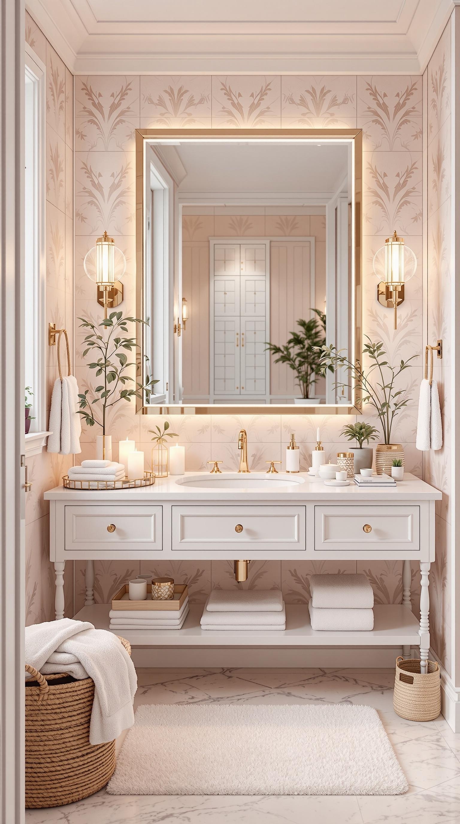 Luxurious teen girl bathroom with pink floral walls, elegant vanity, and cozy decor.