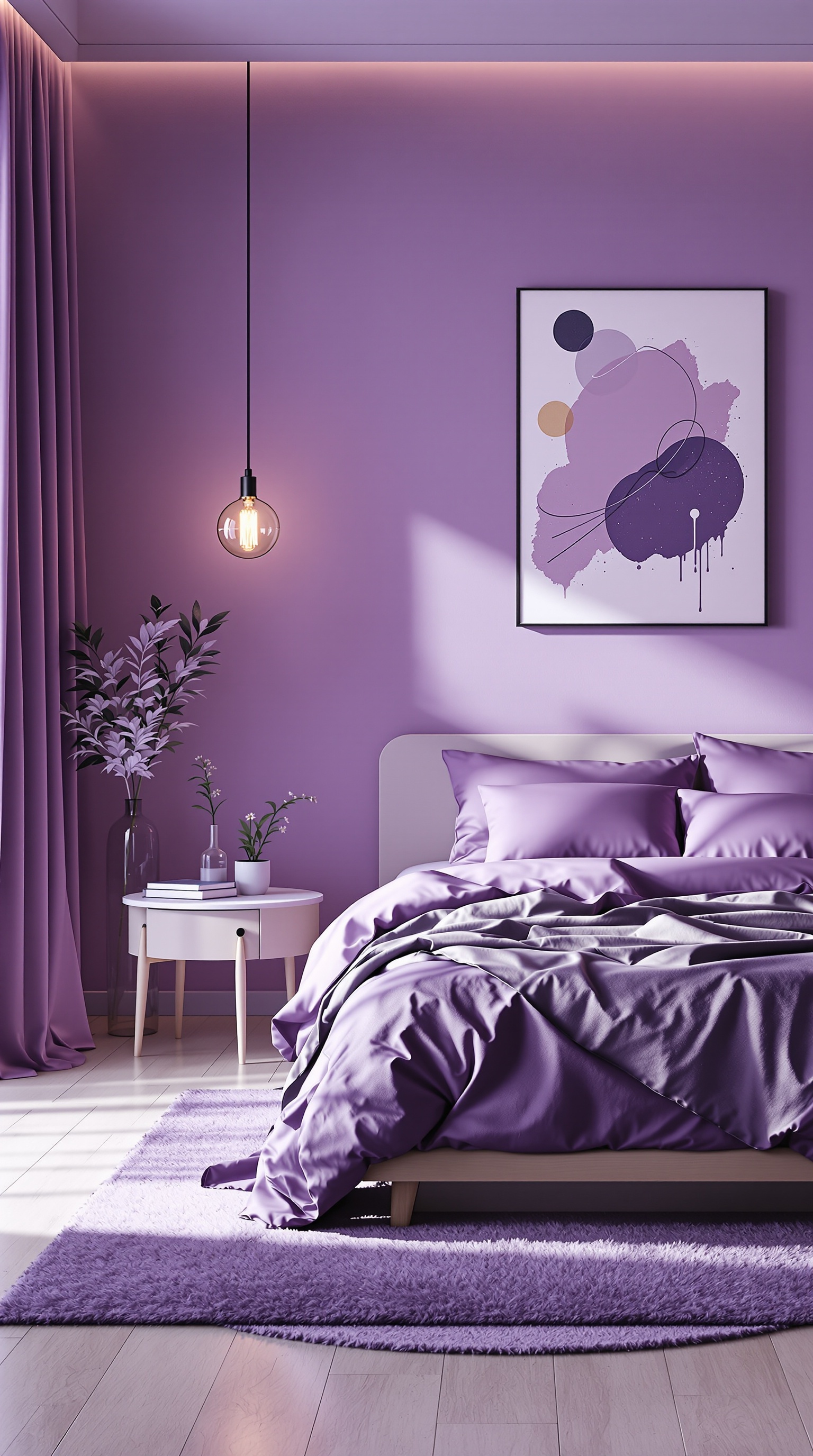 A minimalist purple bedroom featuring soft purple walls, layered bedding, a modern bed frame, and stylish decor.