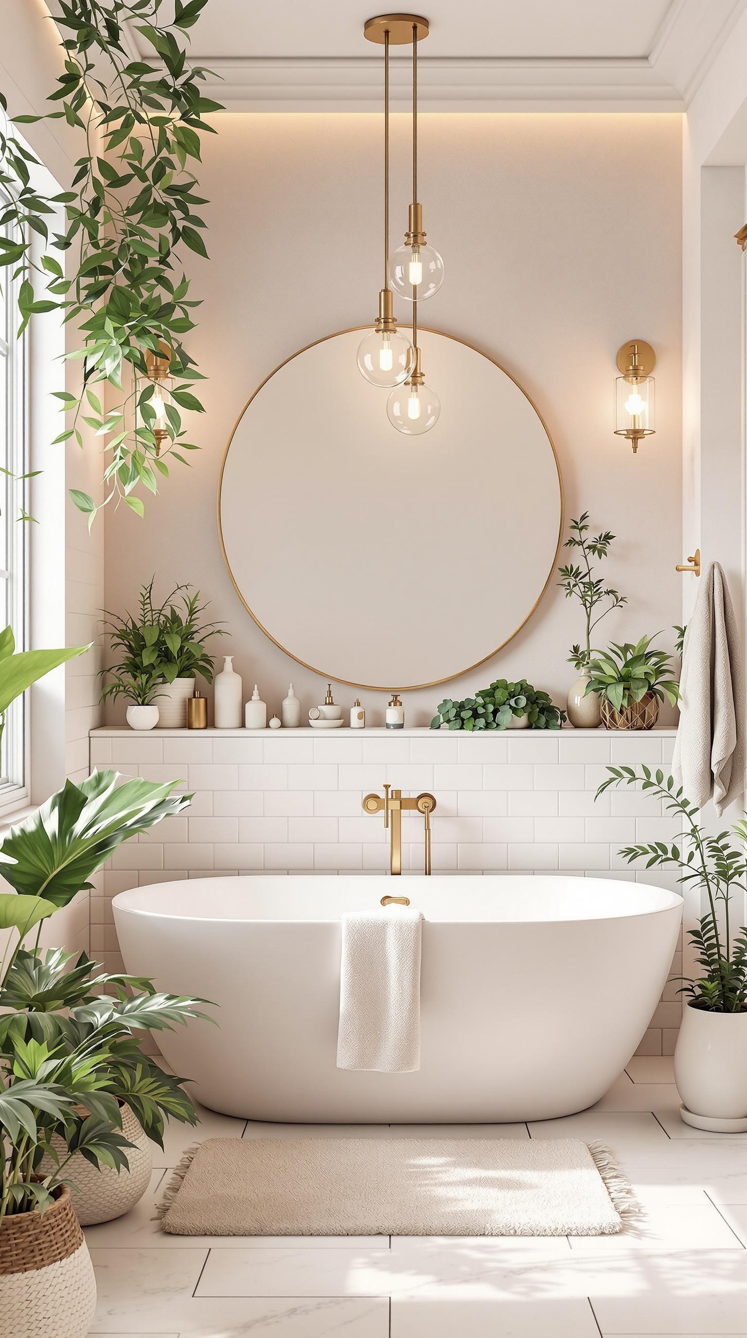 A modern bathroom featuring a white bathtub, lush plants, and elegant lighting.