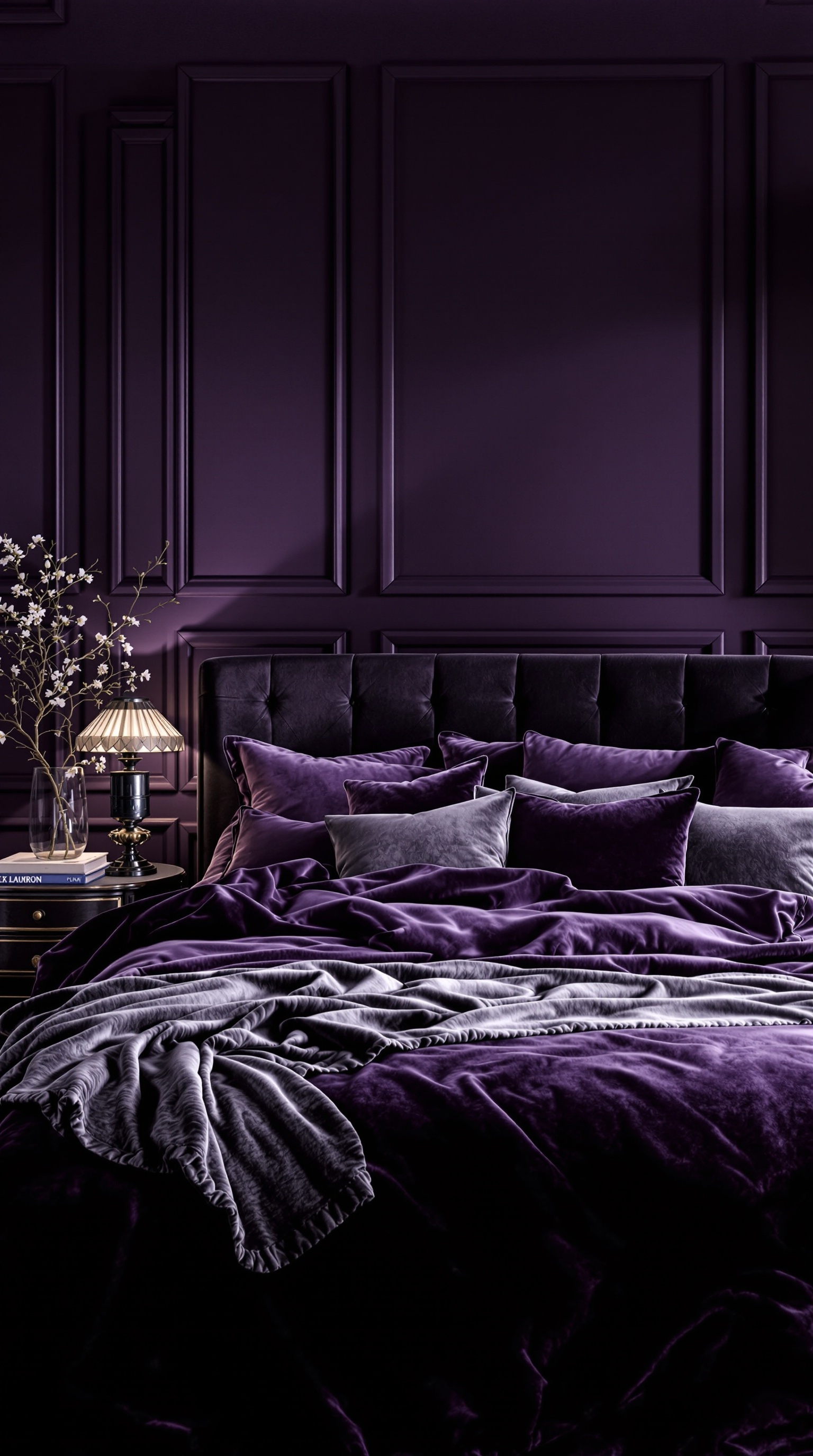 A luxurious purple bedroom featuring a velvet headboard, plush pillows, and a cozy blanket, with a dramatic purple wall.