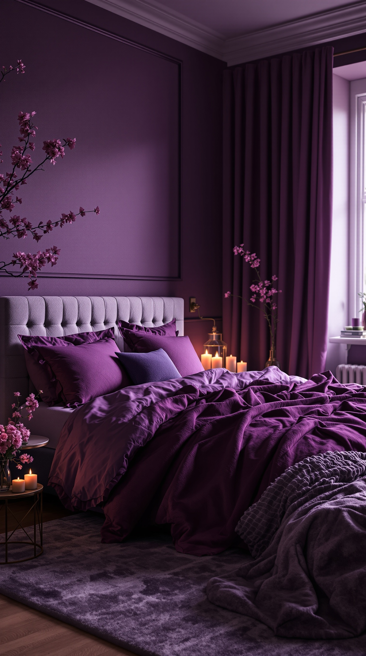A moody romantic purple bedroom featuring a plush bed with purple bedding, candles, and floral accents.