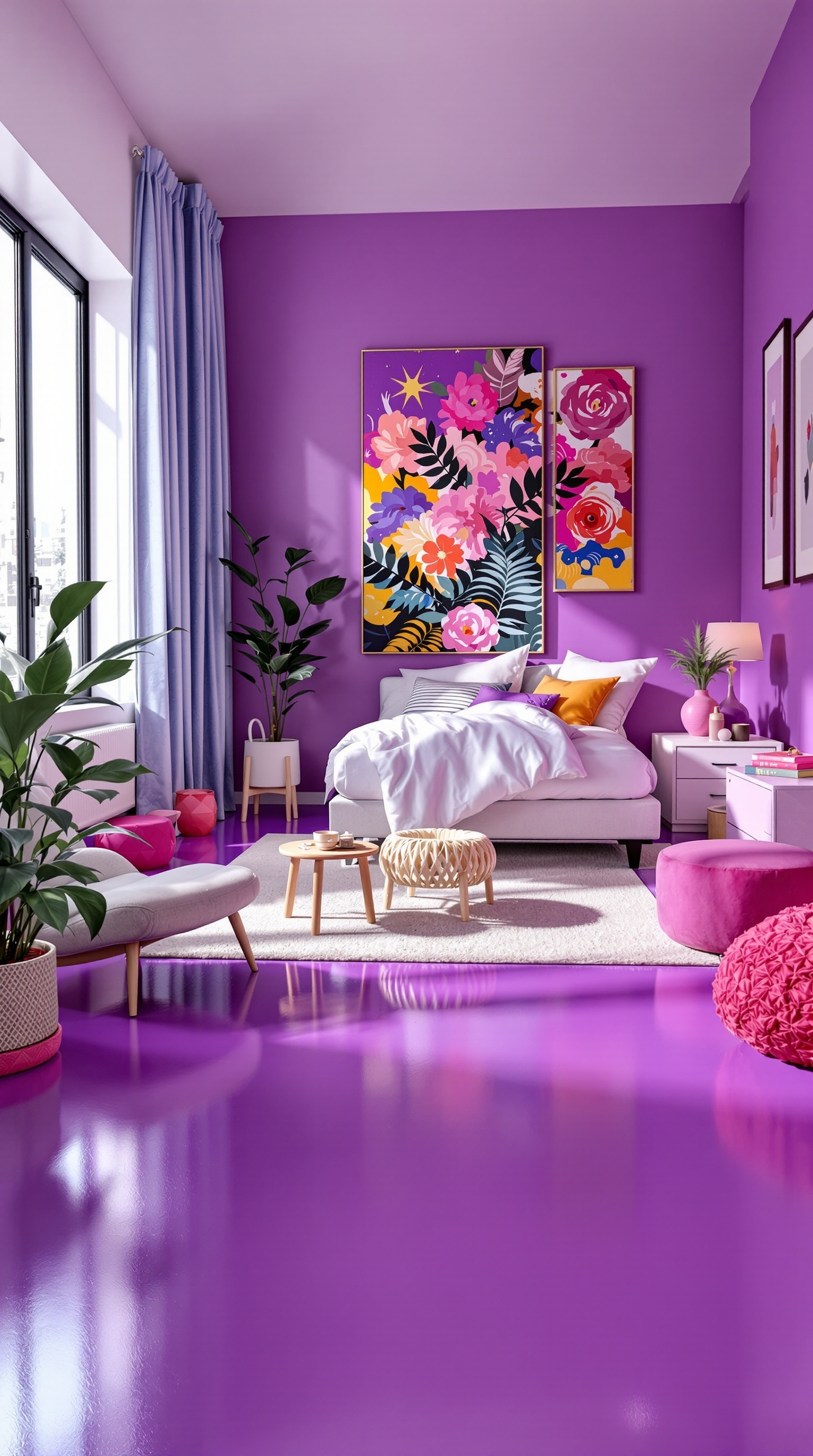 A vibrant purple bedroom featuring a purple floor, floral artwork, and cozy decor.