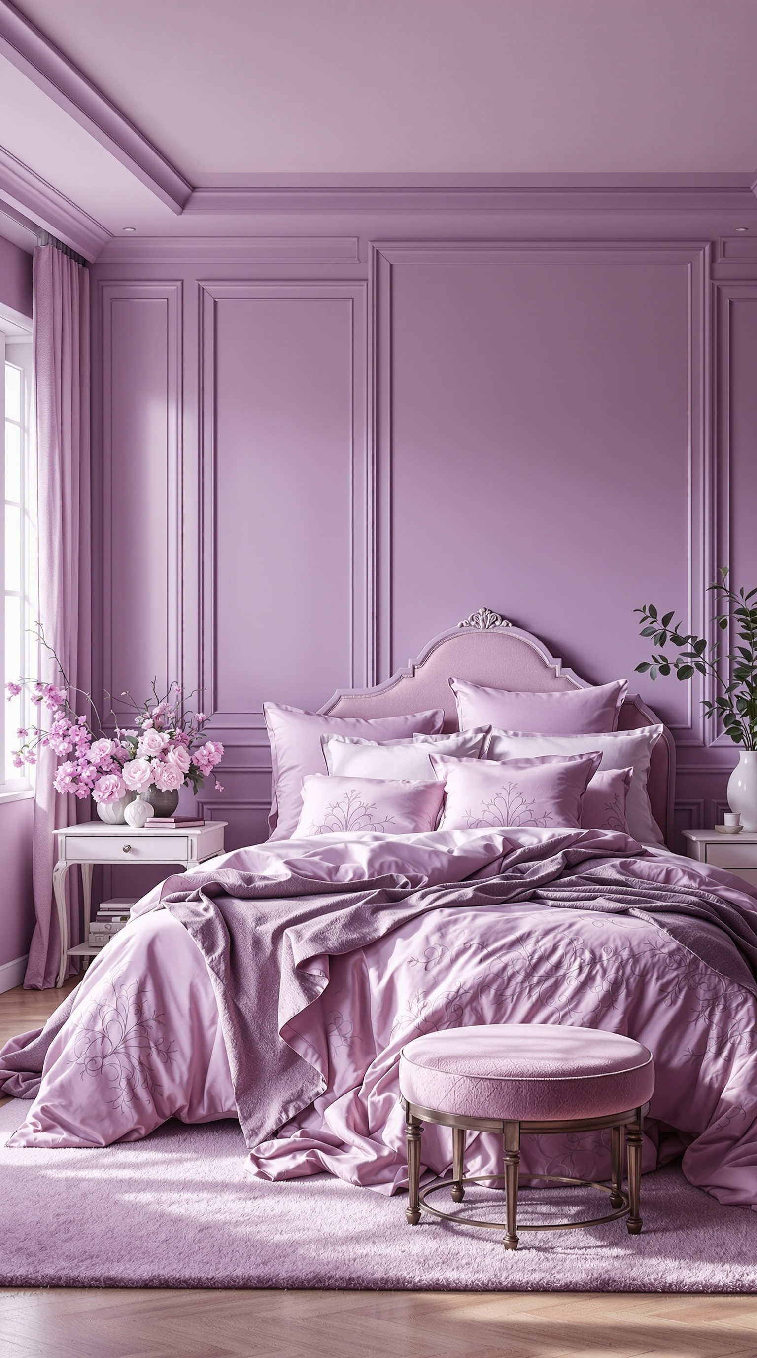 Elegant purple bedroom with lavender walls, plush bedding, and floral decor