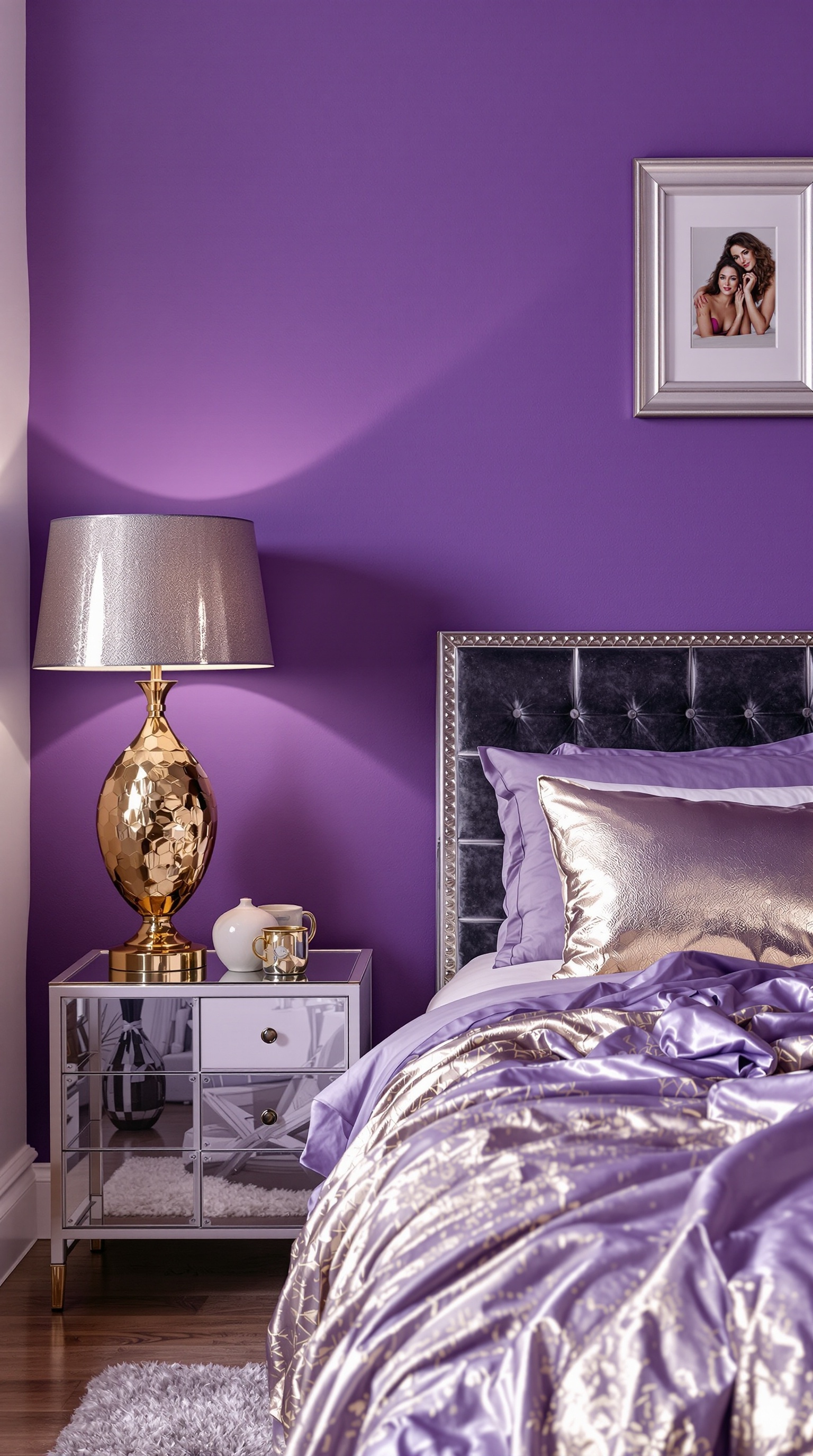 A stylish purple bedroom featuring a gold lamp, mirrored nightstand, and luxurious bedding.