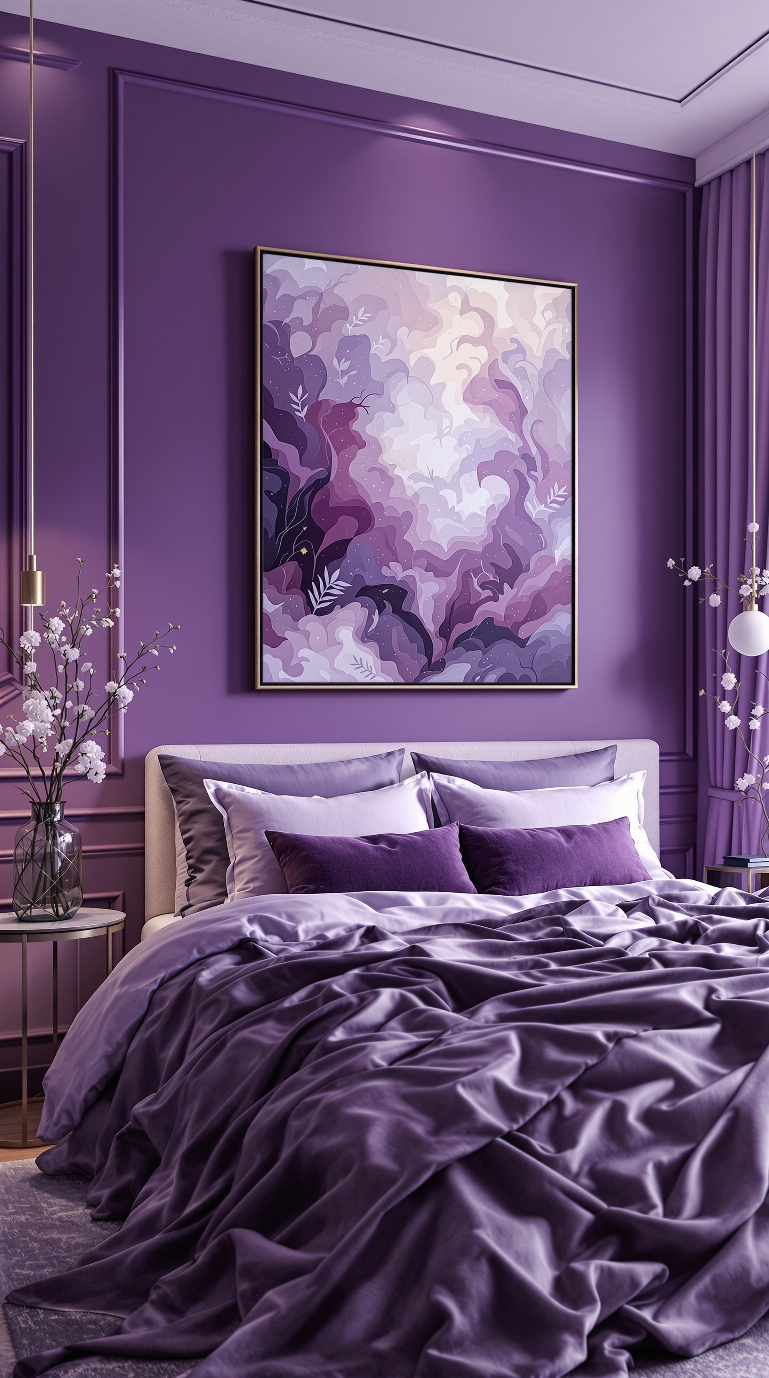 A purple bedroom featuring a large abstract art piece, soft bedding, and elegant decor.
