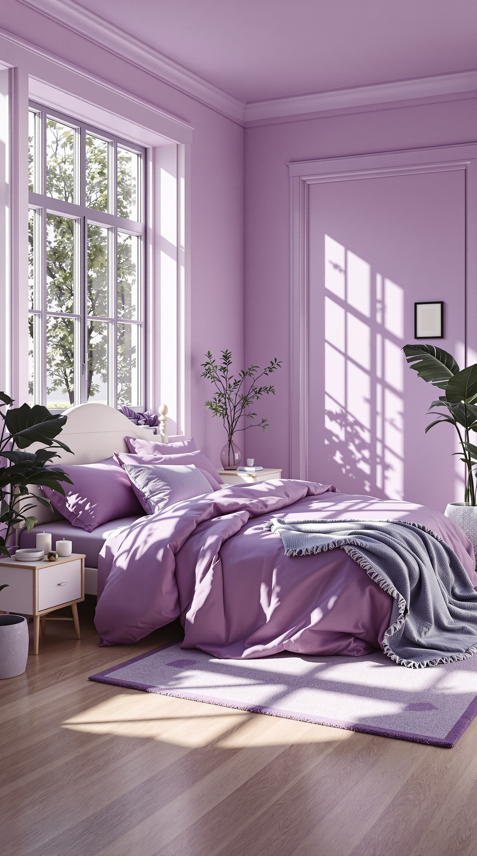 A bright purple bedroom with large windows, soft bedding, and plants, showcasing natural light.