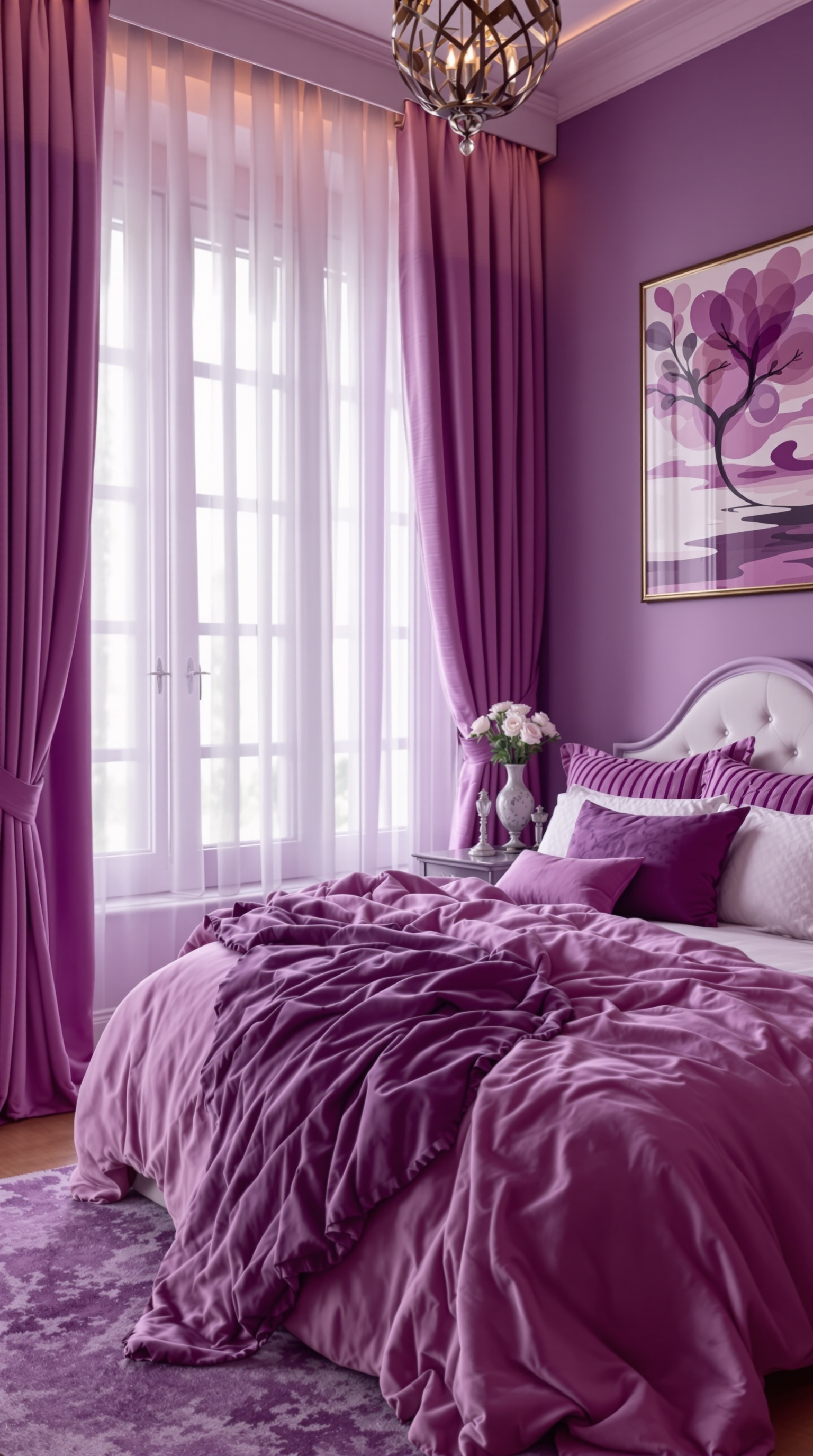 A cozy purple-themed bedroom featuring matching curtains, bedding, and decor.