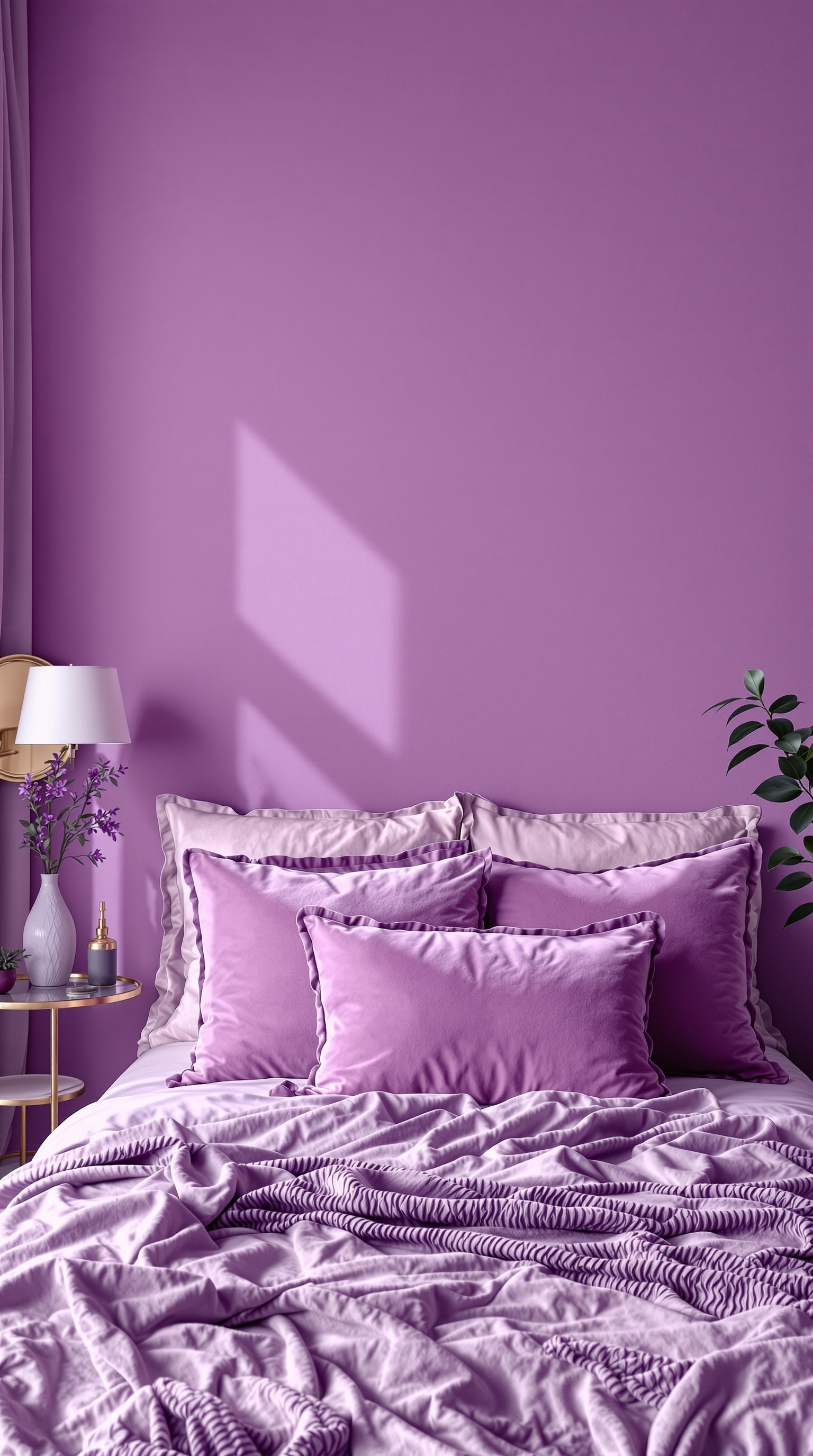 Cozy bedroom with purple walls, soft bedding, and stylish decor.