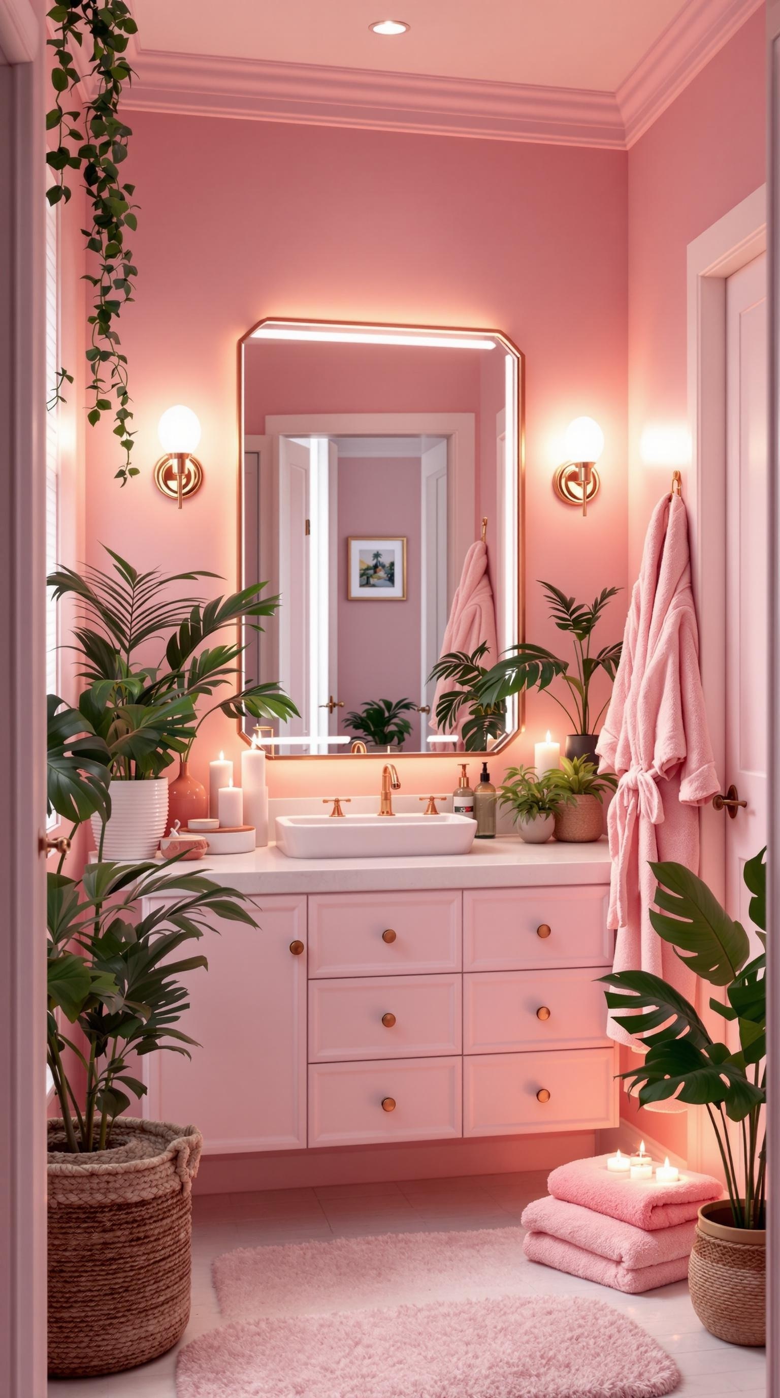 A stylish teen girl bathroom with pink walls, a modern sink, plants, and cozy decor.
