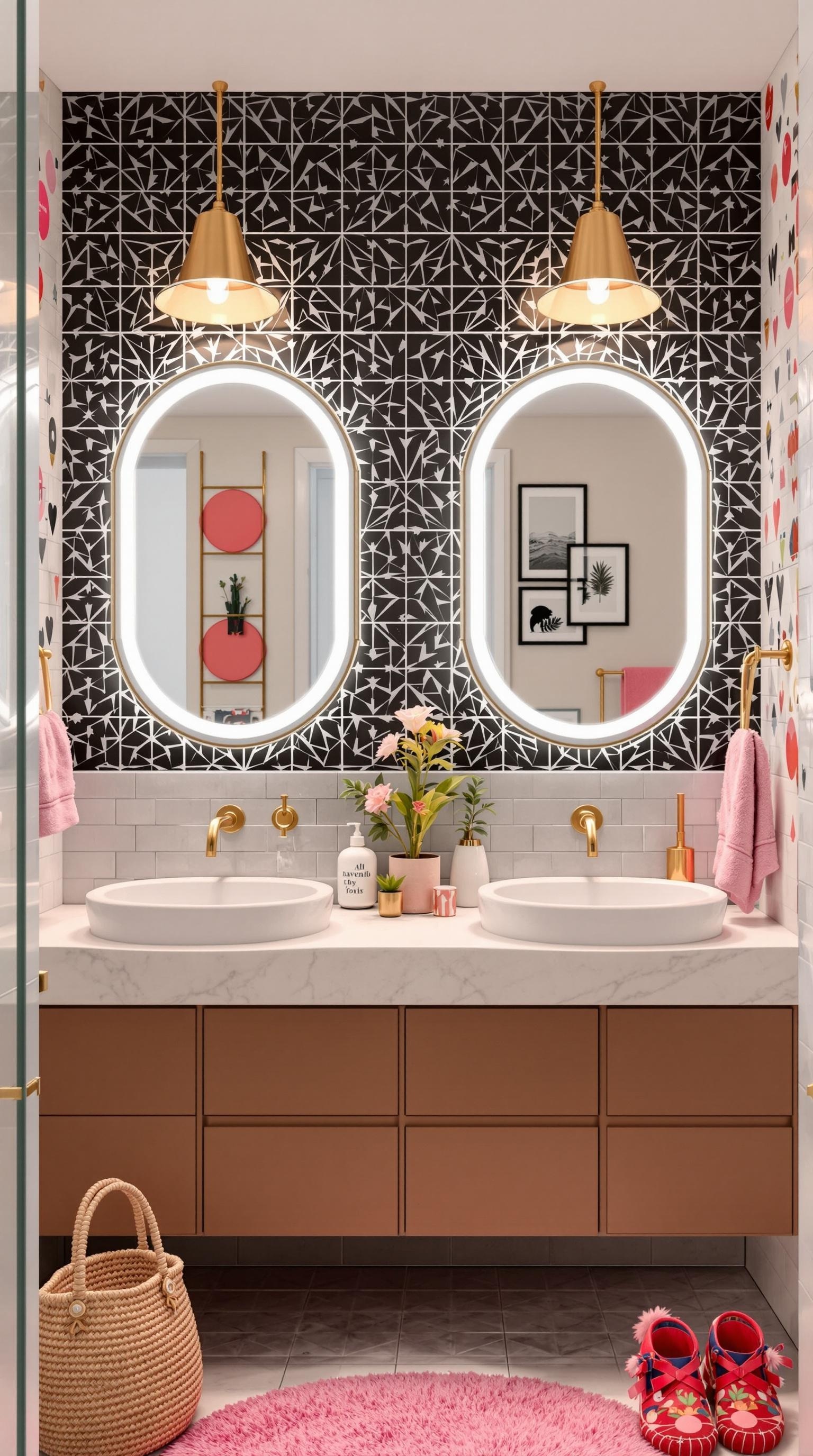 A modern teen girl bathroom featuring chic mirrors, trendy tiles, and colorful decor.
