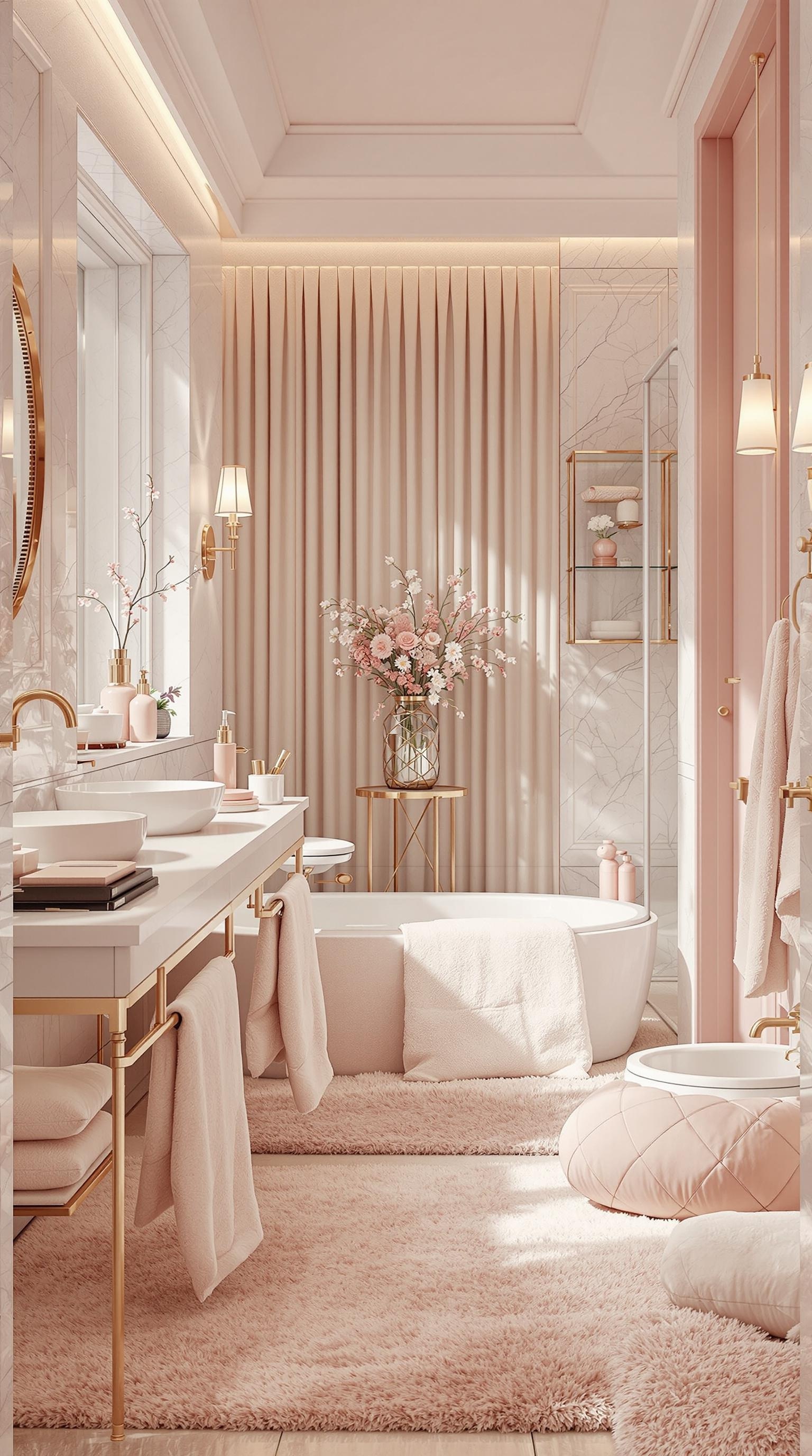A beautifully designed bathroom featuring soft pink tones, plush fabrics, and elegant lighting.
