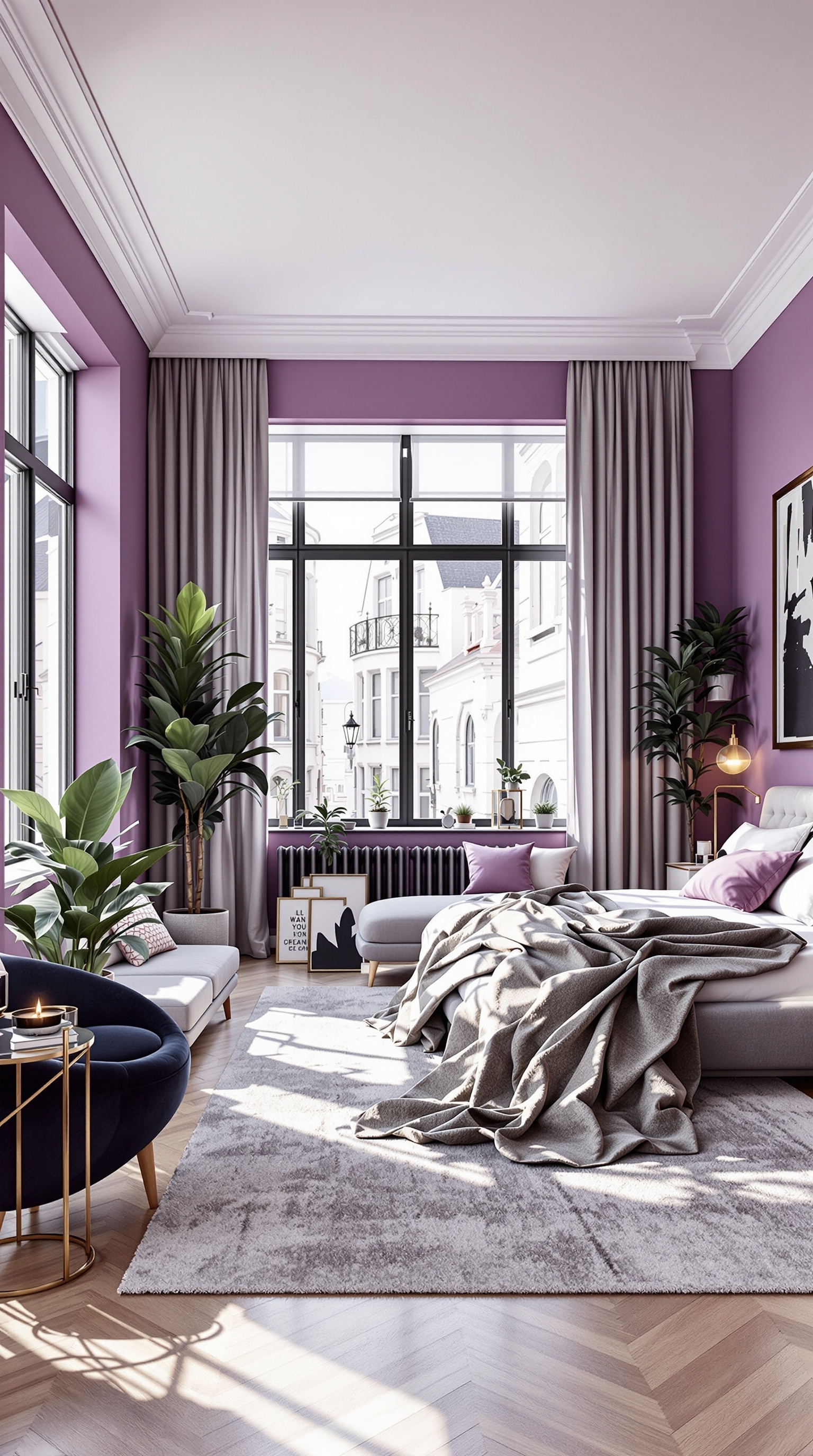 A stylish urban chic purple bedroom with large windows, plants, and modern furniture.