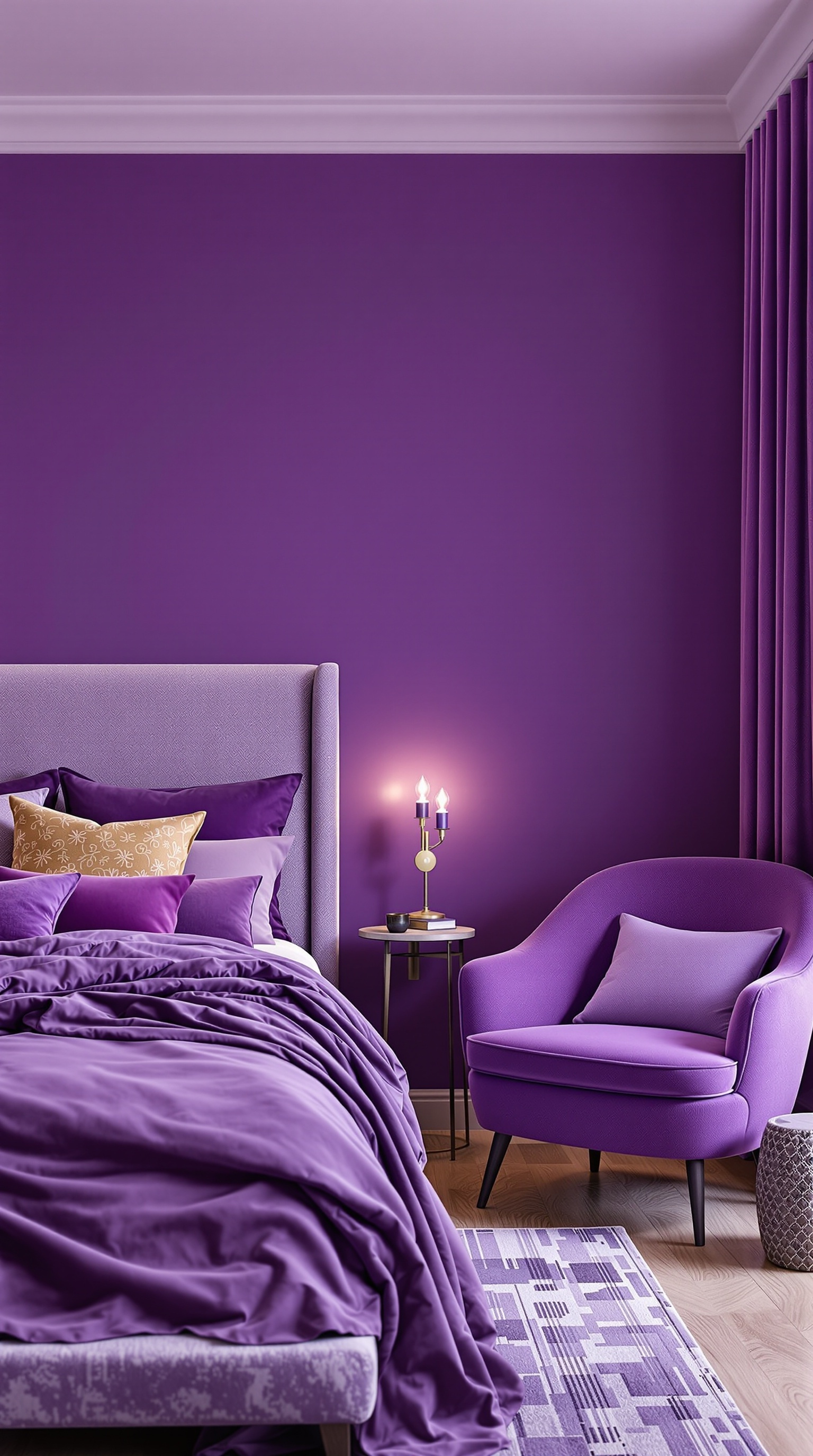 A cozy violet bedroom featuring purple walls, a bed with various purple pillows, and a matching chair.