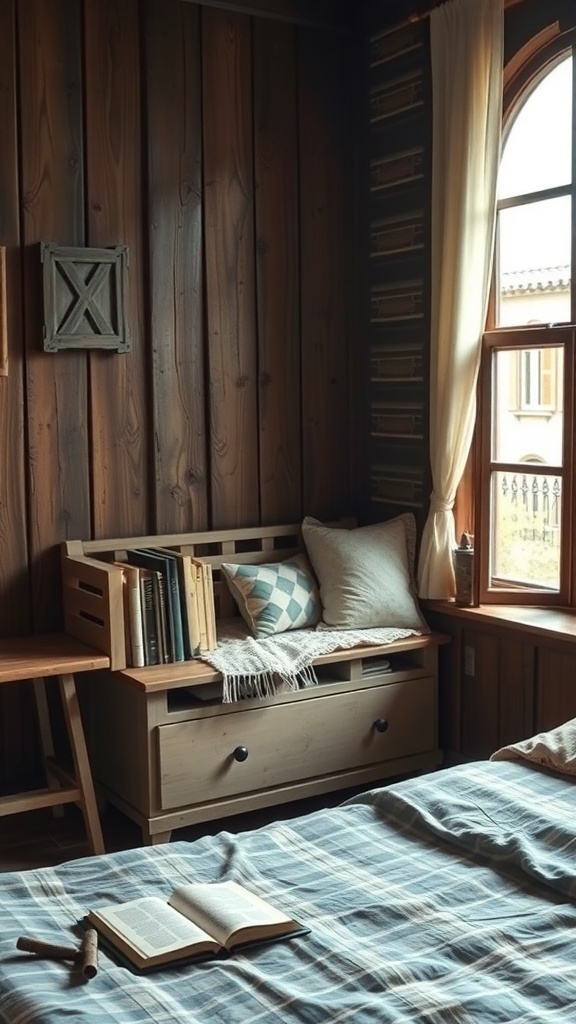 A rustic farmhouse bedroom with a reading corner by the window, featuring a wooden bench with books and pillows.