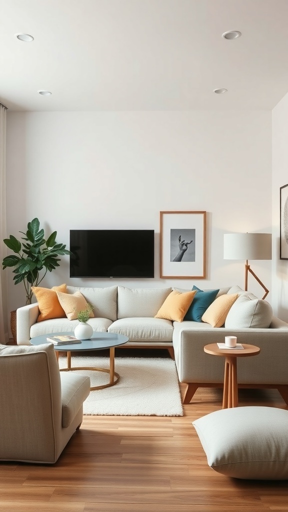 A minimalist living room featuring a light-colored sofa with orange and blue accent cushions, a round coffee table, and a plant.
