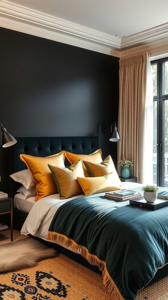 A stylish black bedroom wall with teal and yellow accents in bedding.