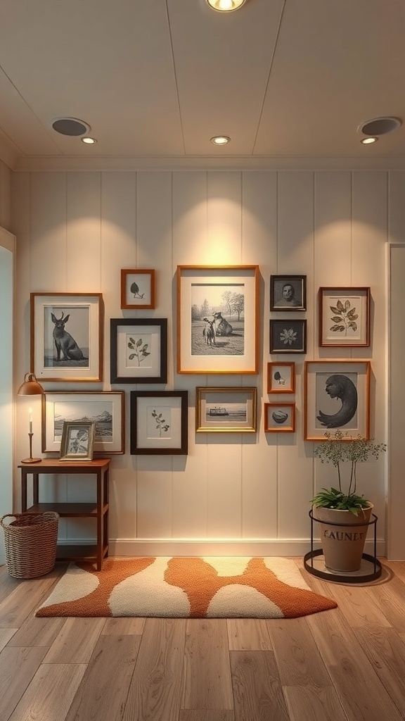A well-lit gallery wall featuring various framed artworks and a cozy decor setup.