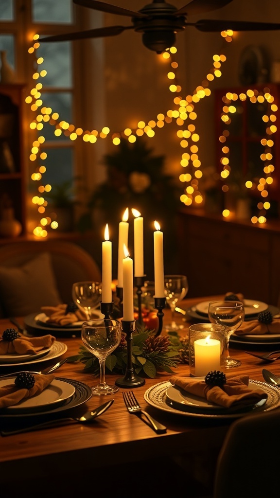 A modern Thanksgiving table with candles and string lights creating a warm atmosphere.