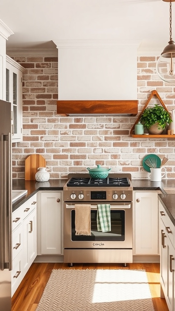Farmhouse kitchen with a brick backsplash and modern appliances.