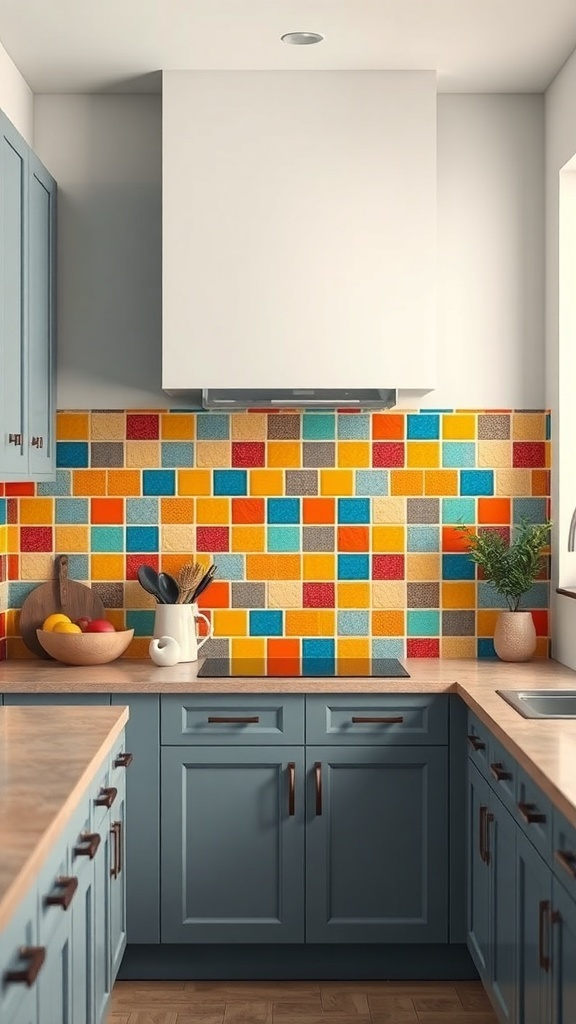 A kitchen with a colorful accent wall made of vibrant tiles, featuring blue cabinets and wooden countertops.