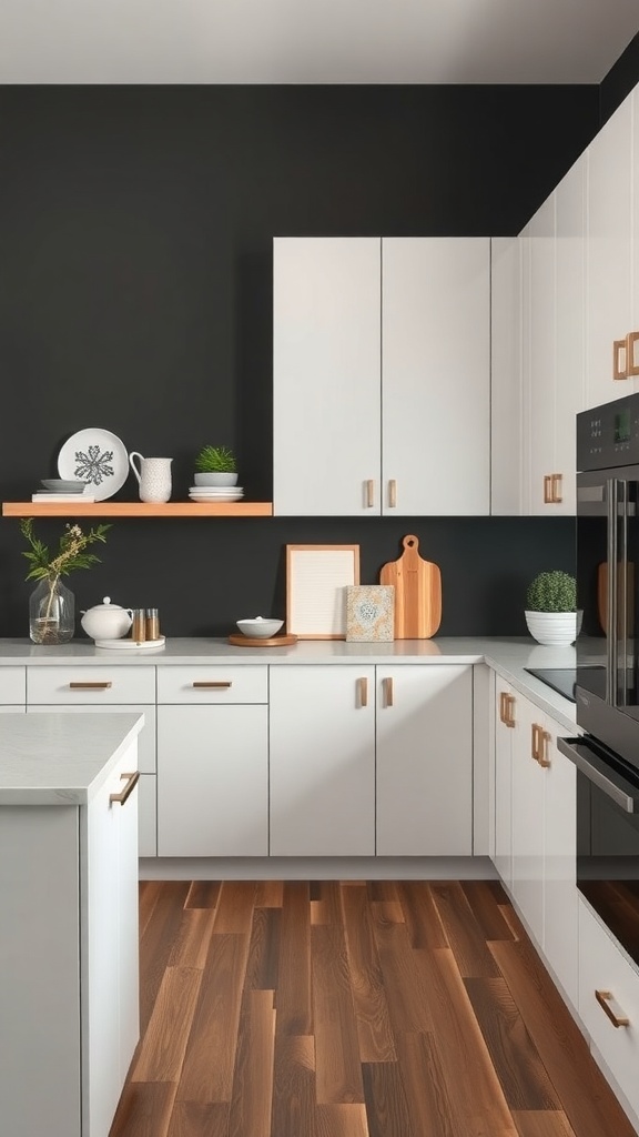 A modern kitchen featuring a dark grey accent wall, white cabinets, and wooden flooring.