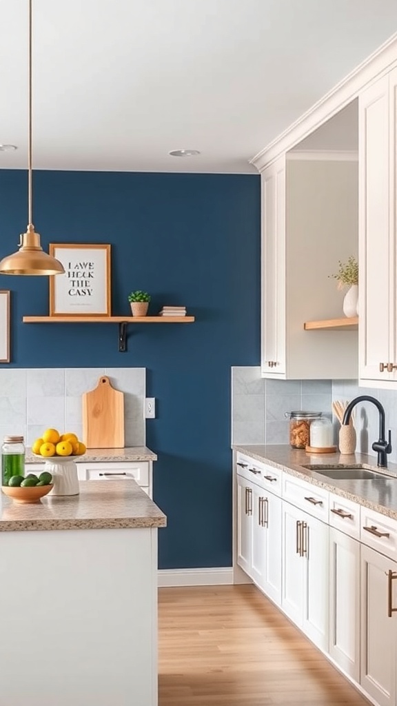 A modern kitchen featuring a deep blue accent wall, white cabinets, and wooden shelves.