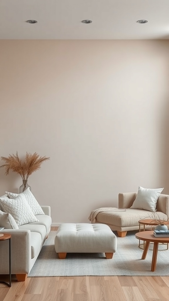 A soft neutral living space featuring an accent wall in a light hue, with a cozy sofa and a stylish chair.