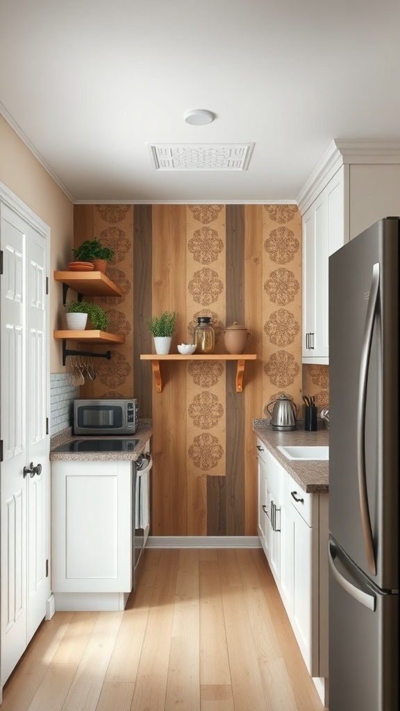 Small farmhouse kitchen with an accent wall featuring wood and patterned wallpaper.
