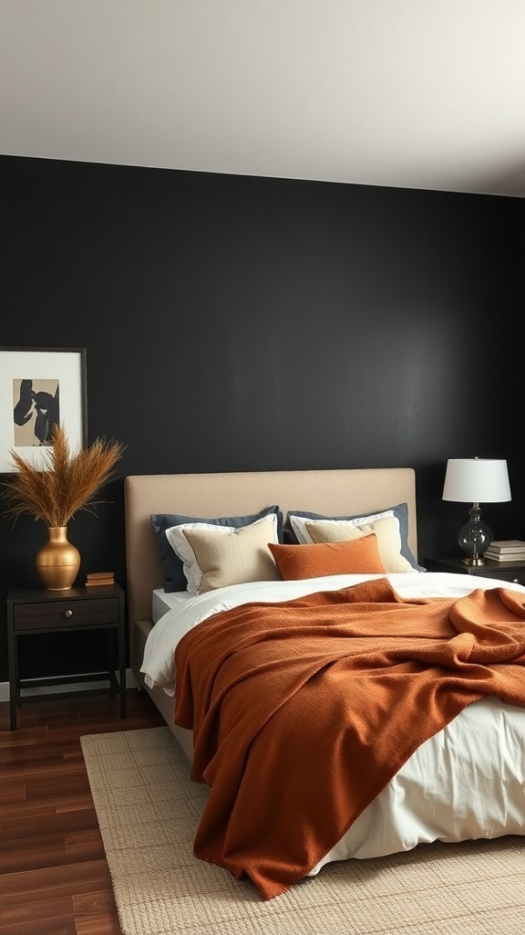 A cozy bedroom featuring a black accent wall and tan bedding.