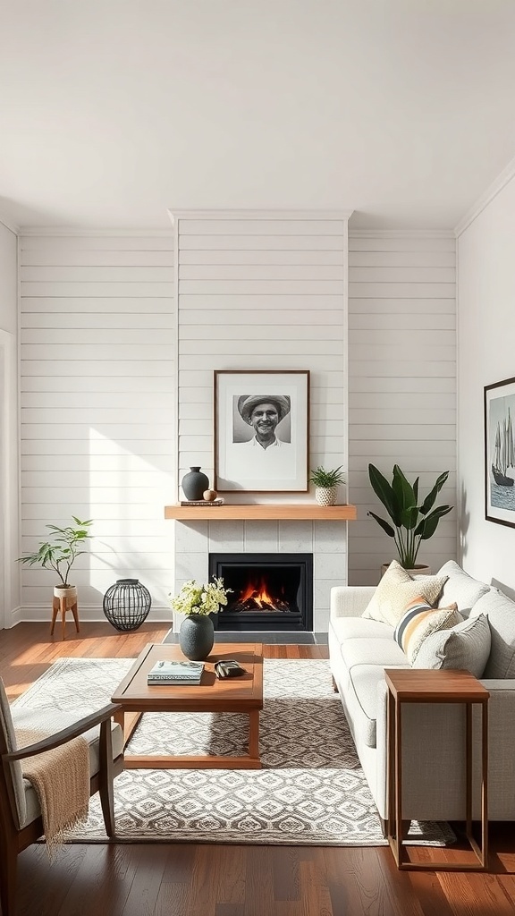 Cozy modern farmhouse living room with shiplap accent wall and fireplace
