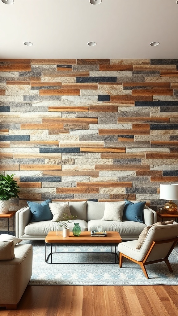 A modern rustic living room featuring a textured wood accent wall, cozy furniture, and plants.