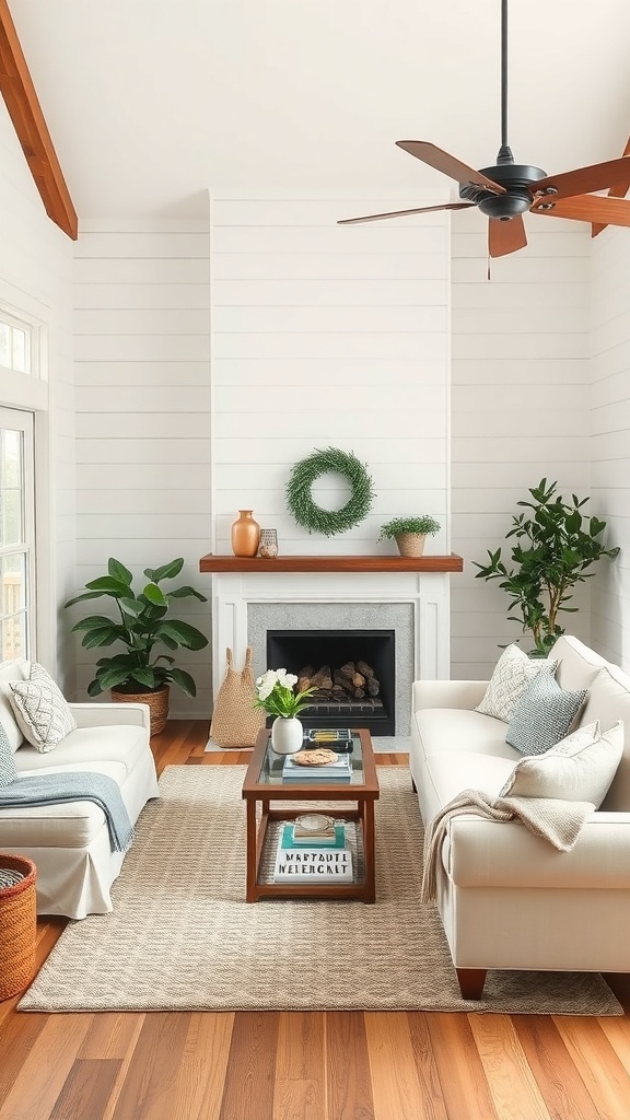 A cozy farmhouse living room featuring shiplap accent walls, light furniture, and natural elements.
