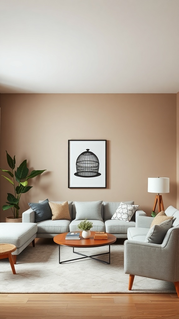 A neutral living room with a soft accent wall, cozy furniture, and plants.