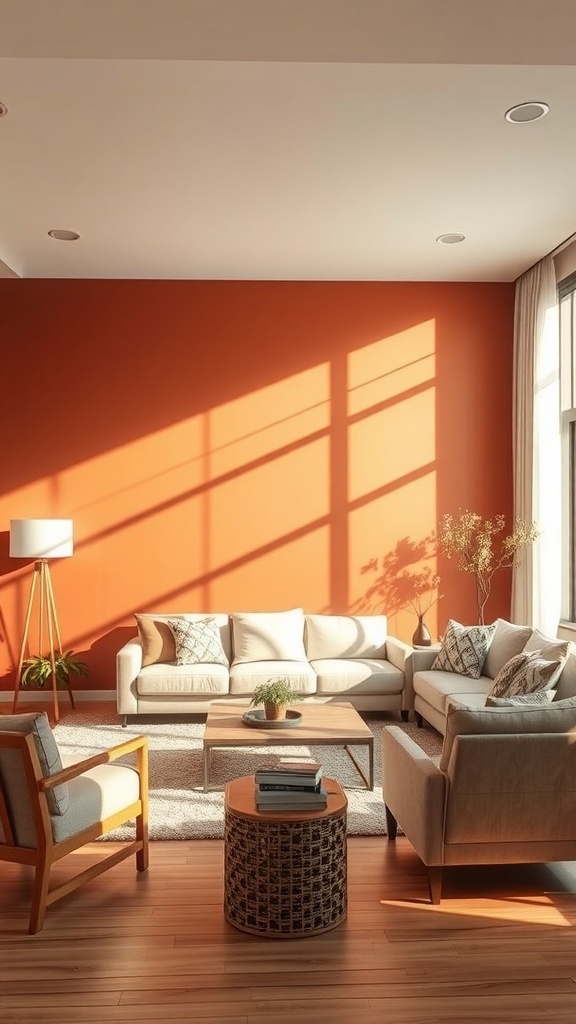 A warm-toned living room with an orange accent wall, neutral furniture, and natural light.