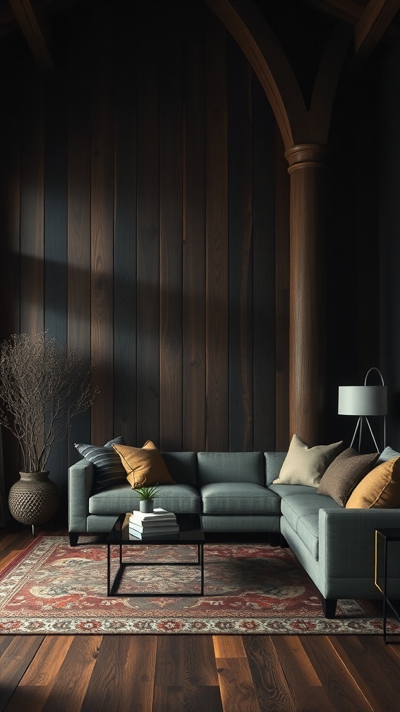 A cozy dark rustic living room featuring wood paneling and a comfortable sectional sofa.