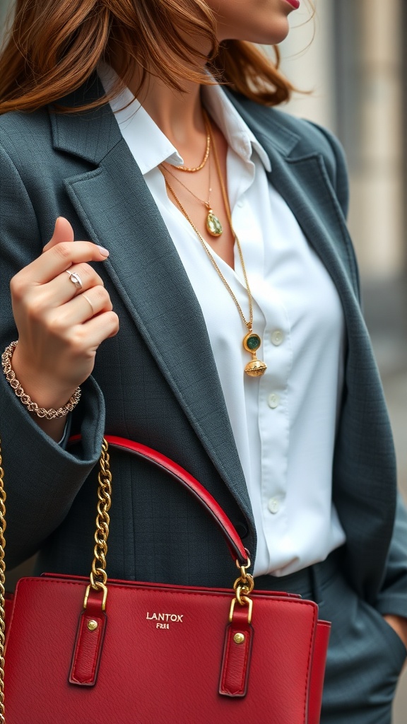 A woman in a business casual outfit featuring a blazer, layered necklaces, and a red handbag.